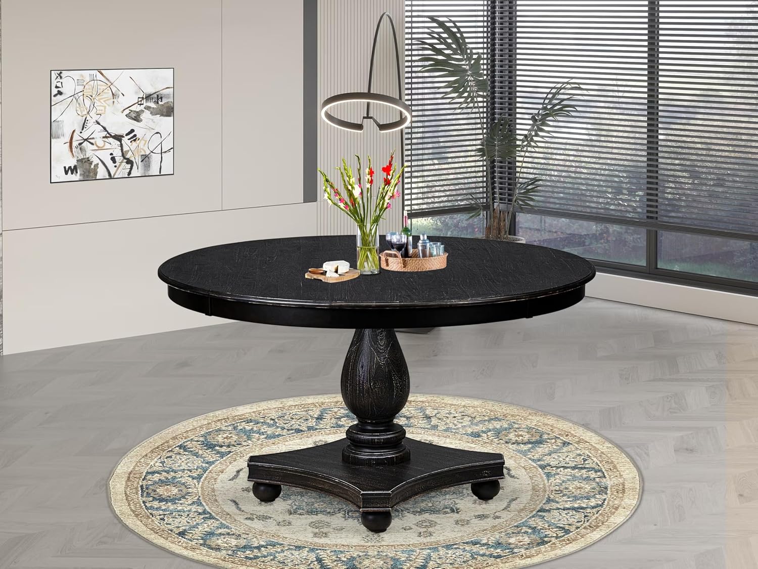 F52-11-TP - Dining Room Table with Acacia Wood Round Tabletop, Sand Blasted Black Finish
