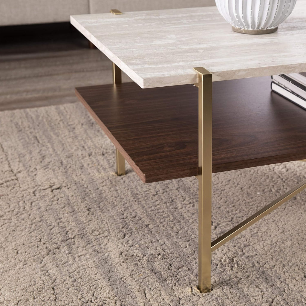 SEI Furniture Ardmillan Rectangular 47' Cocktail Table w/Storage, Brass and Dark Tobacco Finish w/White Faux Travertine