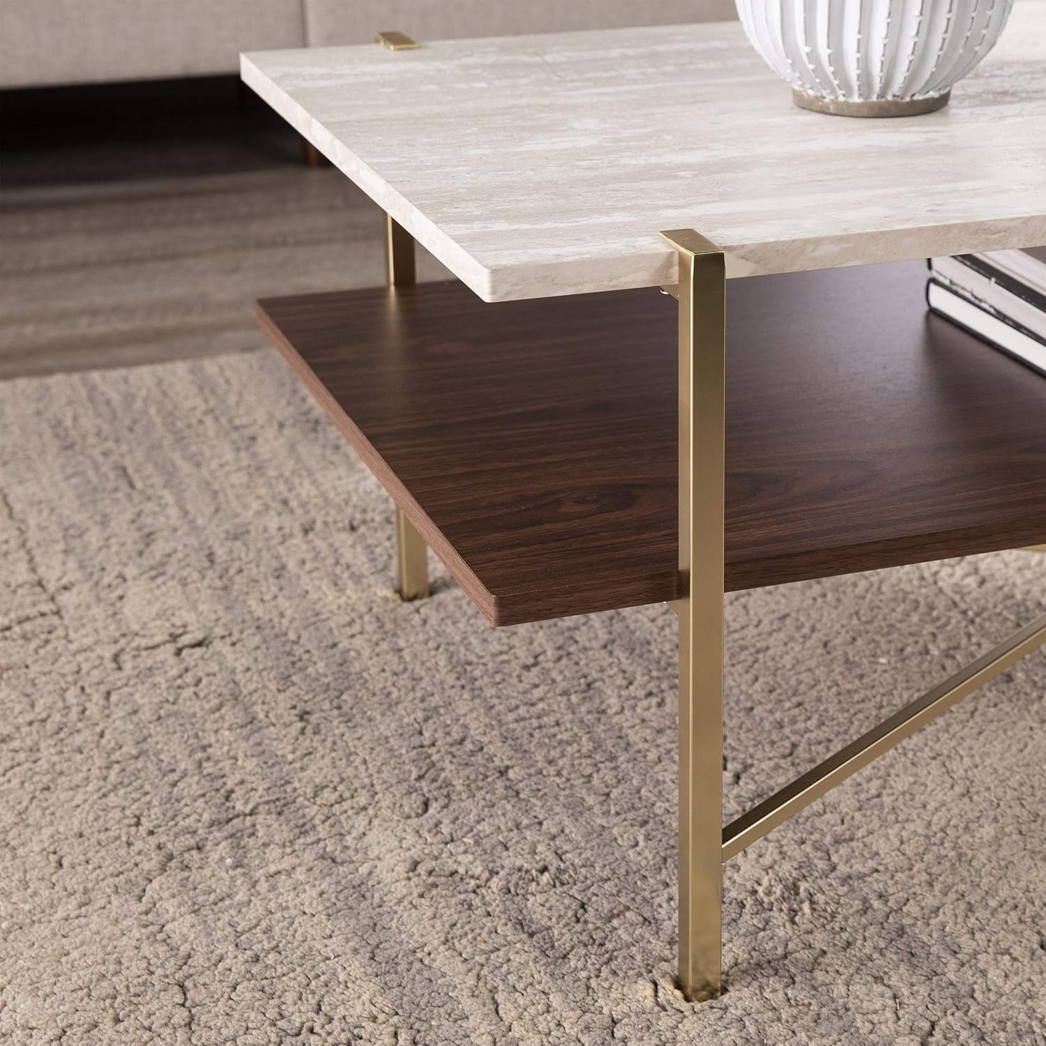 SEI Furniture Ardmillan Rectangular 47' Cocktail Table w/Storage, Brass and Dark Tobacco Finish w/White Faux Travertine