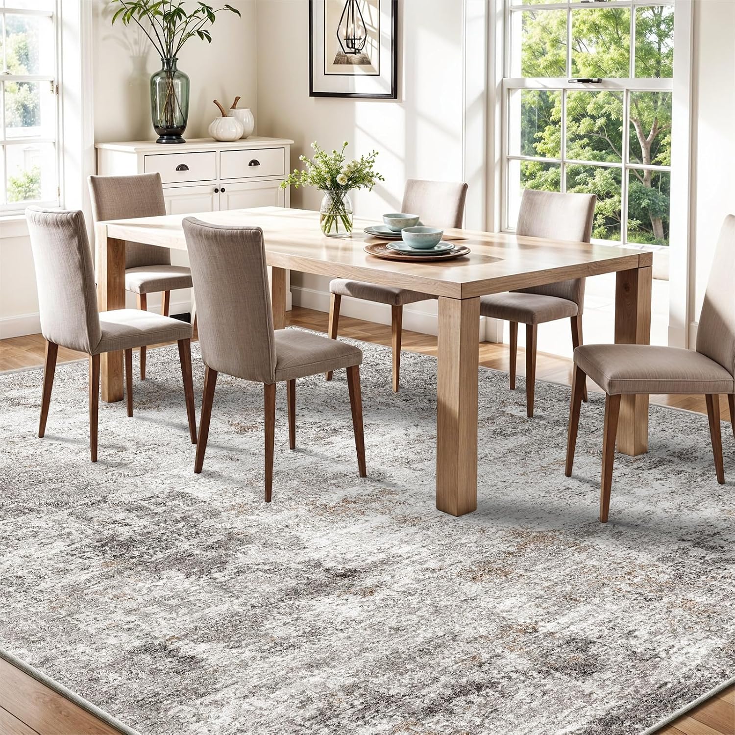 10x14 Area Rug Living Room – Washable Large Neutral Modern Abstract Soft Low Pile Non-Slip Thin Carpet for Bedroom, Dining Room, Home Office (Beige, Grey)