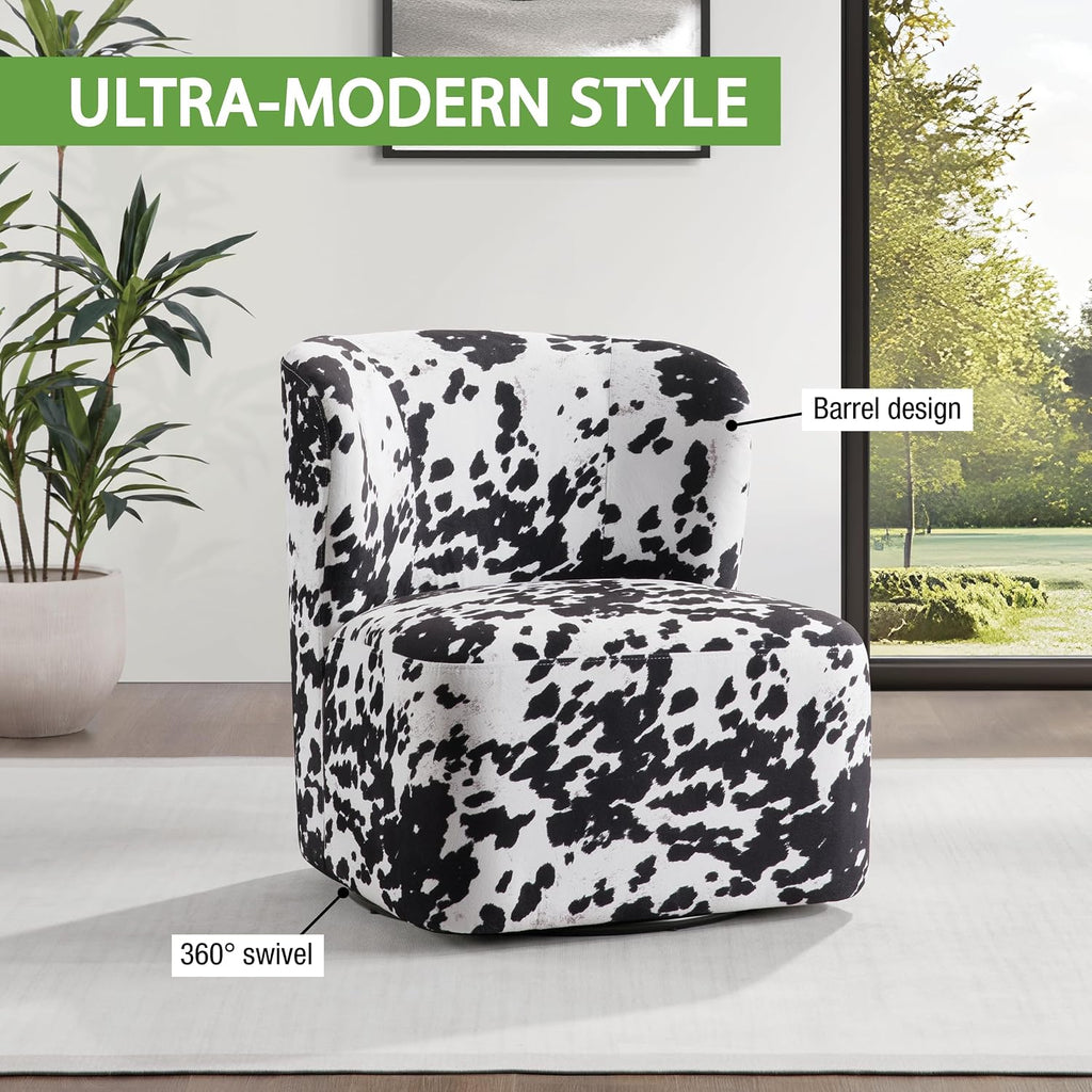 OSP Home Furnishings Lucia Modern Barrel Swivel Accent Chair, Black Cow Print Fabric