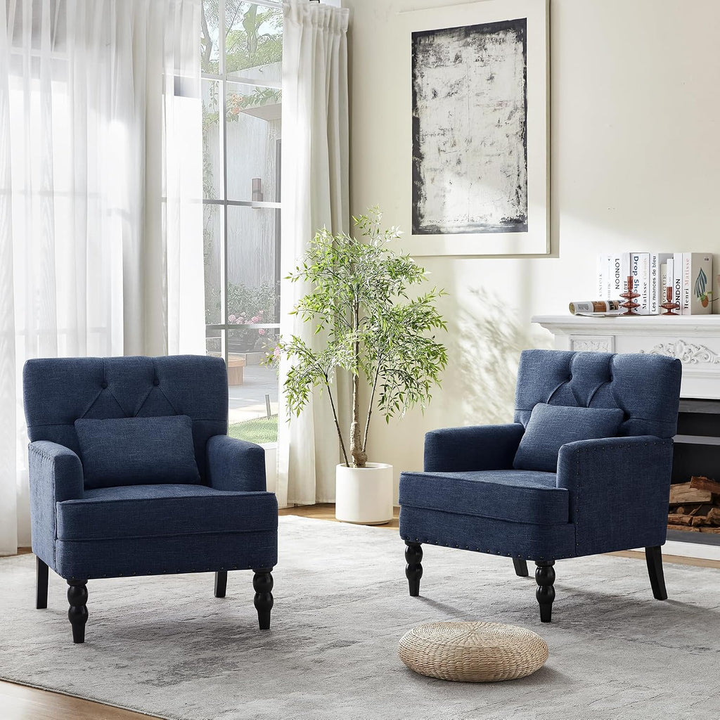 HUIMO Set of 2 Accent Chairs for Living Room, Tufted Upholstered Club Chairs with Lumbar Pillows, Vintage Reading Armchairs with Solid Wood Legs for Bedroom Apartment, Indigo Blue