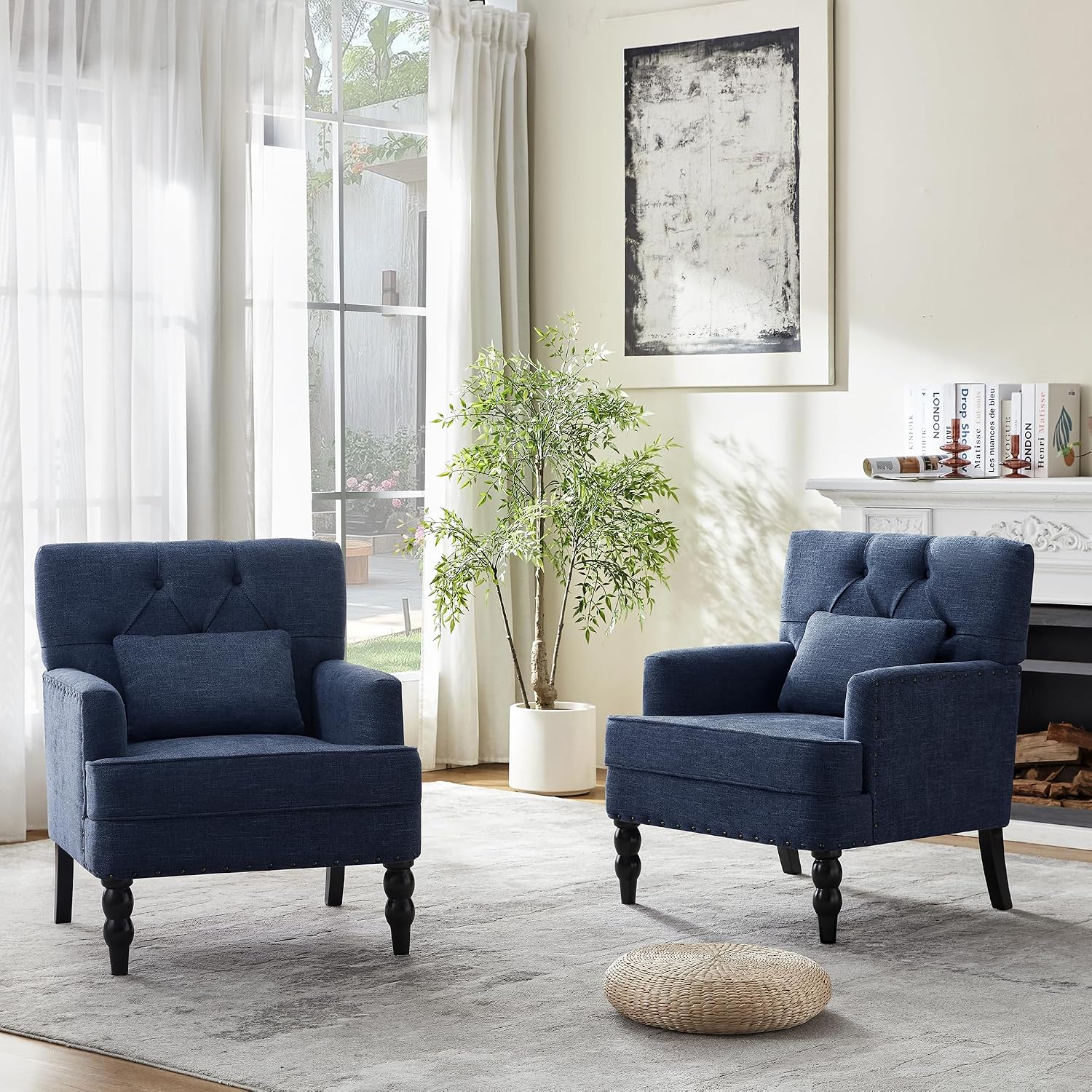 HUIMO Set of 2 Accent Chairs for Living Room, Tufted Upholstered Club Chairs with Lumbar Pillows, Vintage Reading Armchairs with Solid Wood Legs for Bedroom Apartment, Indigo Blue