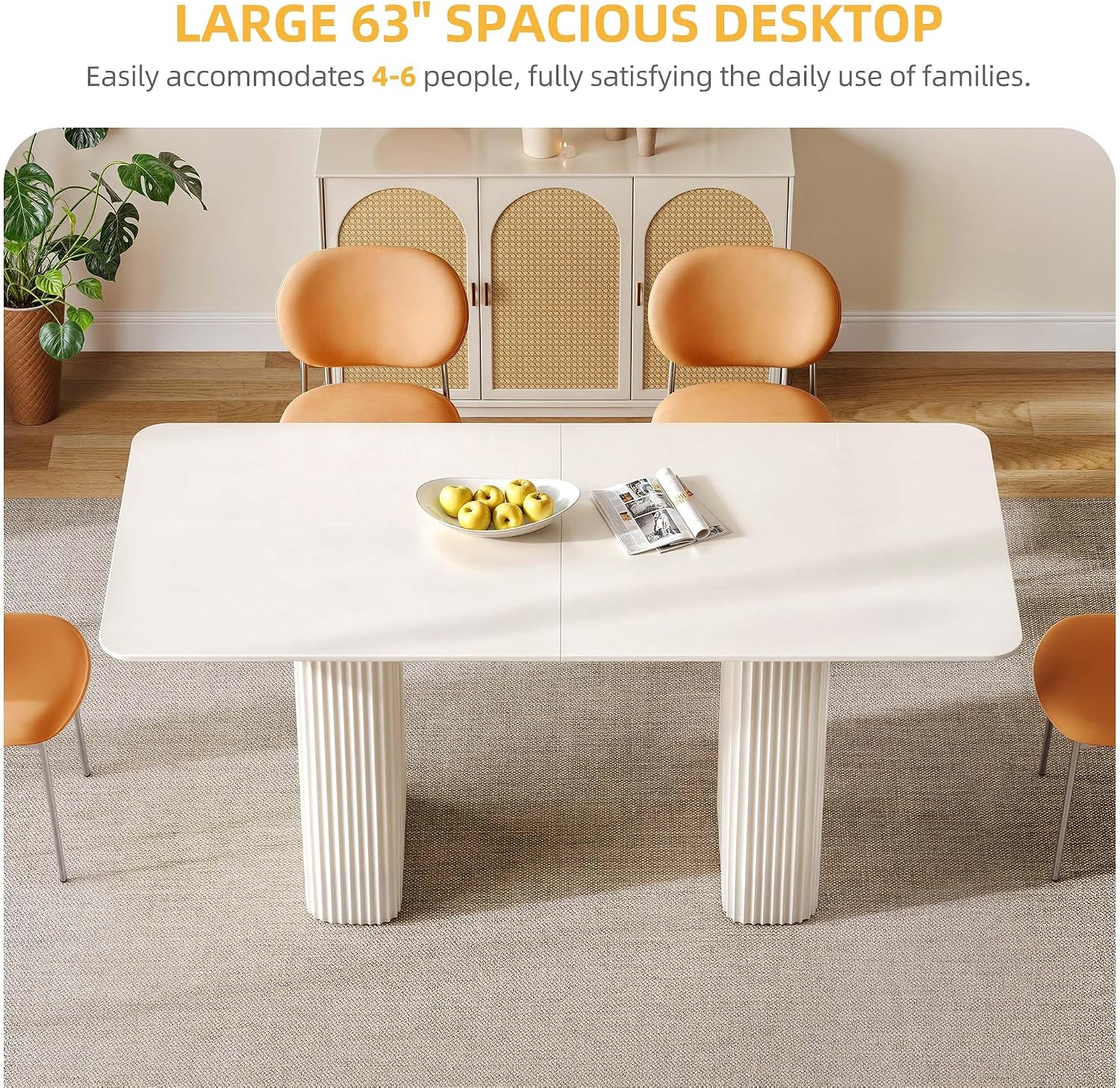 DWVO 63'' Dining Table for 4-6 People Modern Rectangular Kitchen Table with Solid Wave Curved Legs Large Cream White for Dining Room Kitchen Home Office Apartment Office White