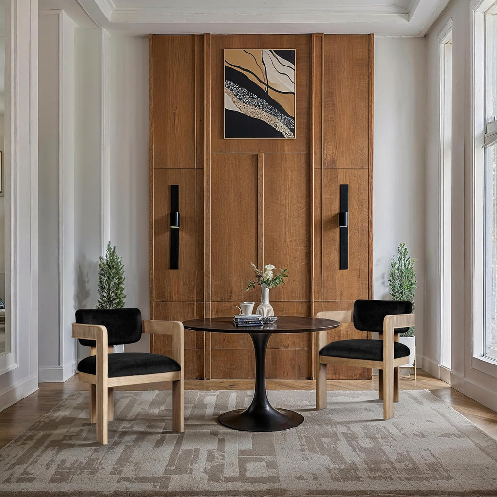 Meridian Furniture Sacha Collection Art Deco Dining Chair, Solid Fluted Wood, 22.5' W x 22' D x 31' H, Set of 2 (Black, Natural Finish, Velvet)