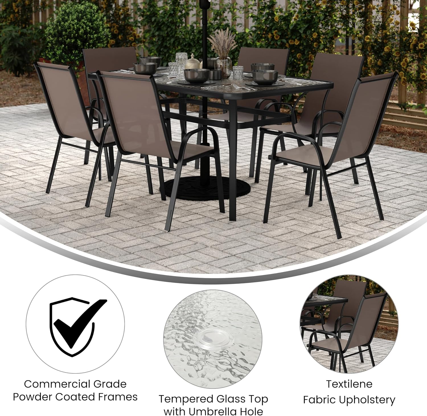 Flash Furniture Brazos Commercial Outdoor Dining Set, 60' Tempered Glass Patio Table with Umbrella Hole, 6 Stack Chairs with Flex Comfort Seats and Backs, Brown/Black