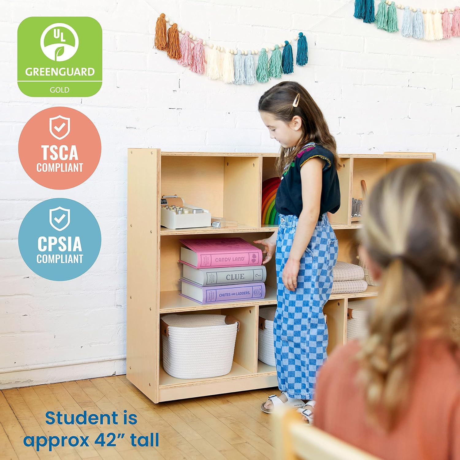 ECR4Kids 8-Compartment Mobile Storage Cabinet, Elementary, Classroom Furniture, Natural