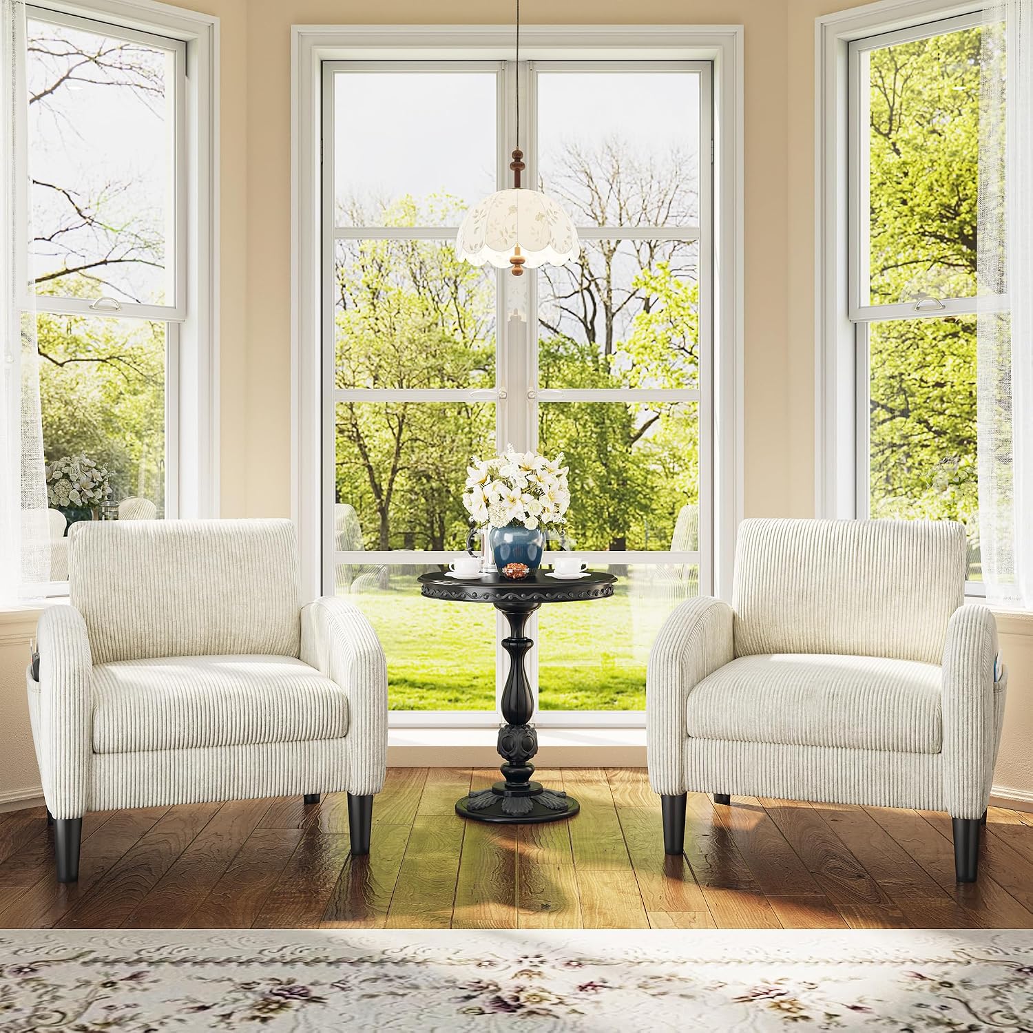 Homkdom Accent Chair for Living Room,Mid Century Modern Reading Chair with 2 Side Pockets,Upholstered Armchair for Apartment,Small Room,Beige