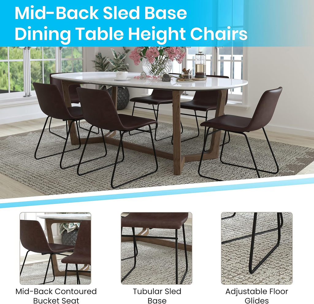 Flash Furniture Butler 18' LeatherSoft Dining Table Height Chairs, Mid-Century Modern Bucket Style Dining Chairs, Set of 2, Dark Brown/Black