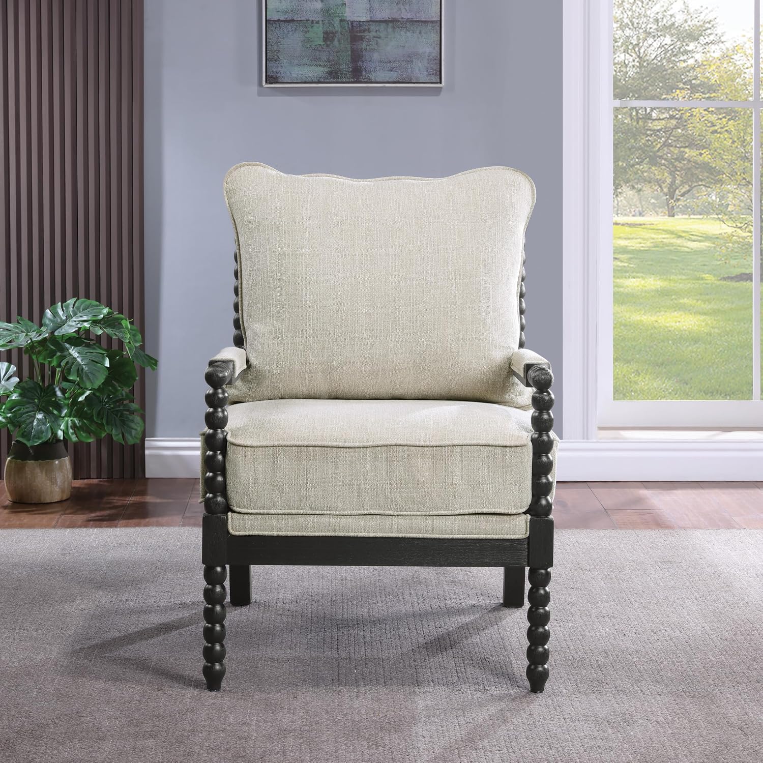 OSP Home Furnishings Eliza Spindle Accent Chair, Linen Fabric with Black Wood