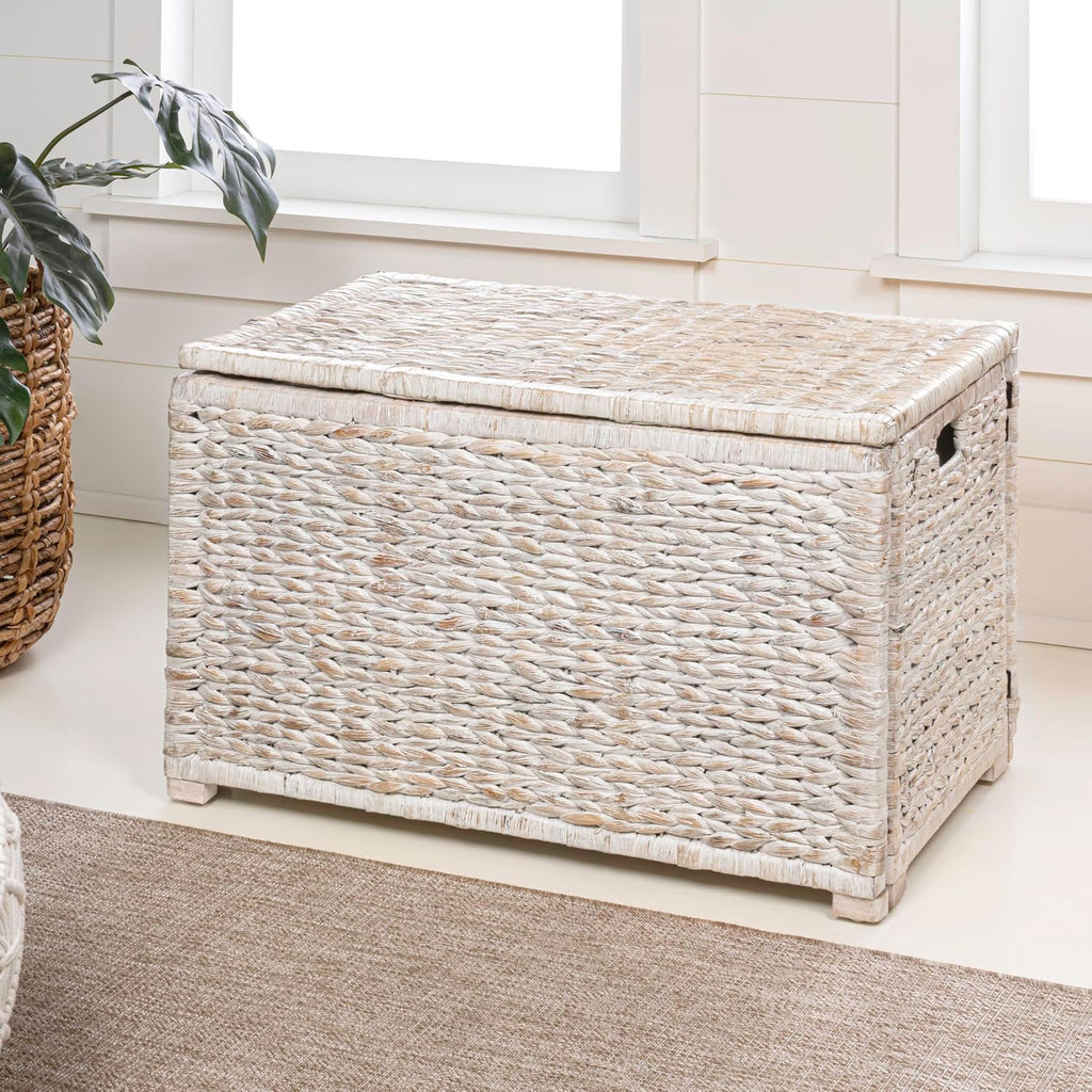happimess HPM9005C Anada 30' Handwoven Wicker Weave Storage Trunk, White Wash, Collapsible for flat storage, for Office, Dorm Room, Entryway, Bedroom, Dining Room