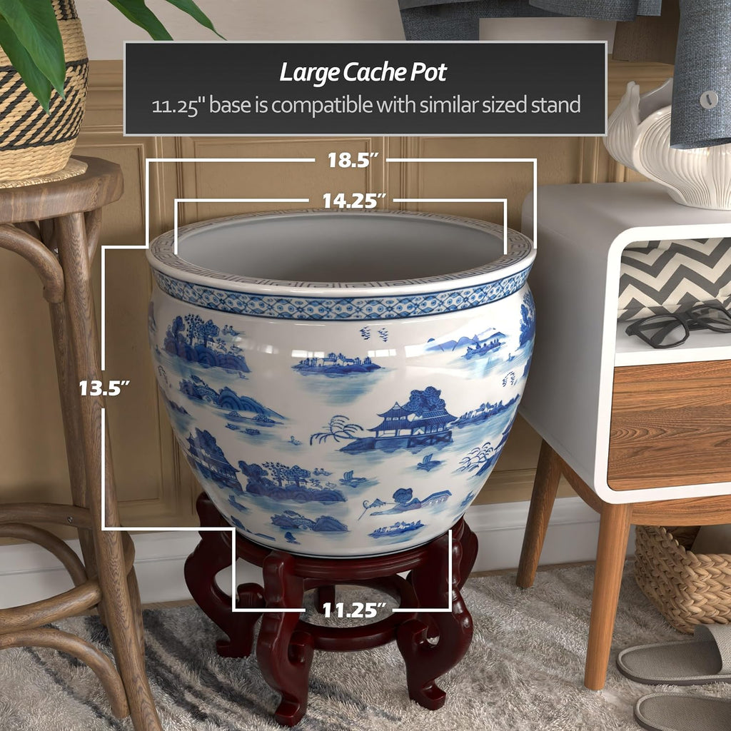 Red Lantern 18' Porcelain Fishbowl Blue & White Landscape Planter
