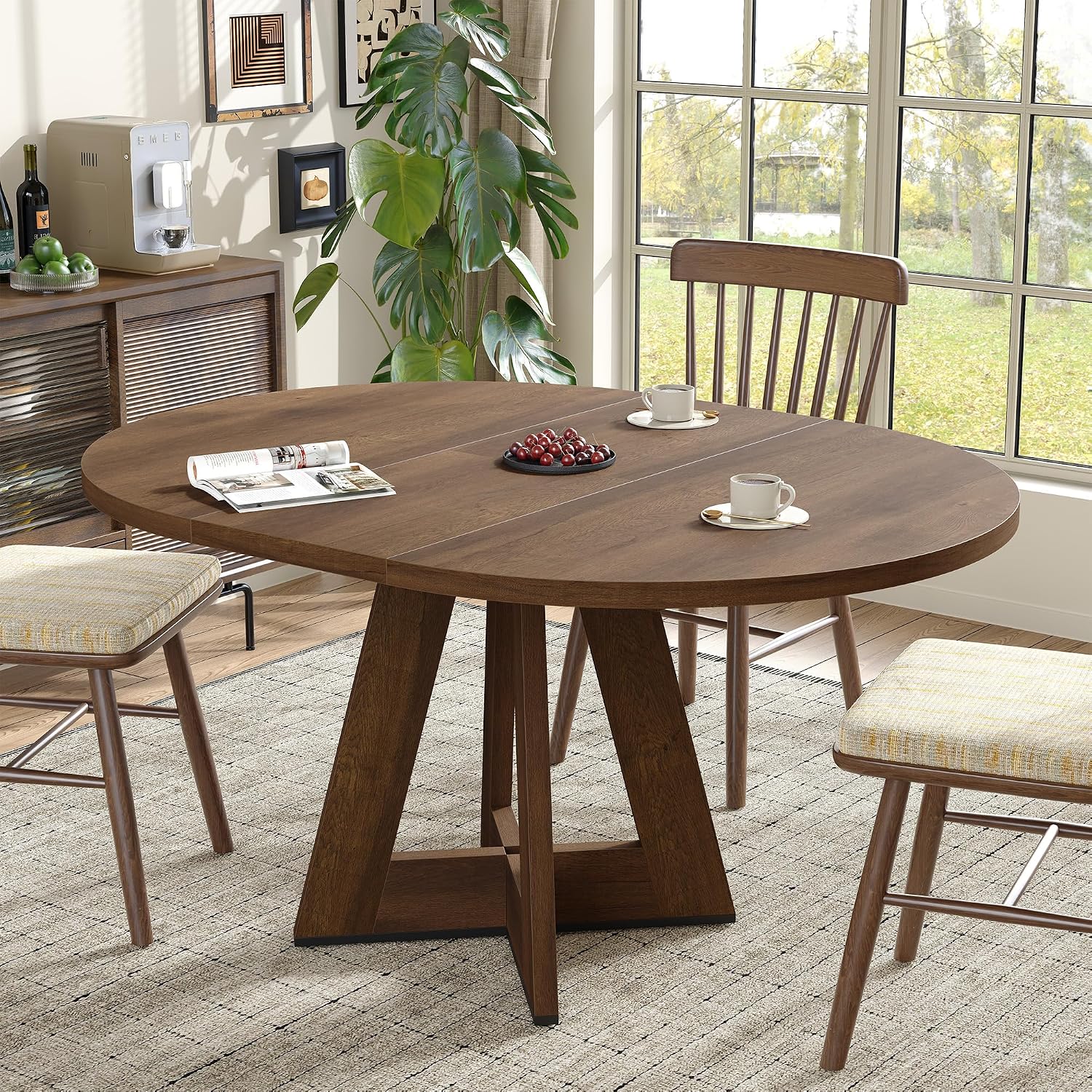 Extendable Round Dining Table for 4-8,Modern Kitchen Oval Dining Table with Removable Leaves Space Saving,Wood Base for Kitchen Living Room (Walnut)