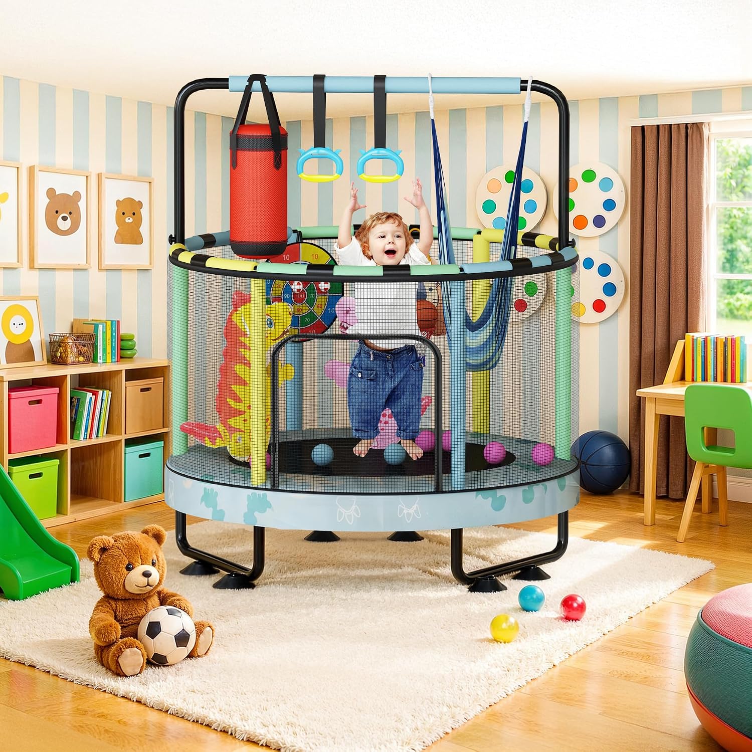 LAMERGE 55' 7-in-1 Round Trampoline for Kids Boys & Girls Ages 1-8, Indoor & Outdoor Trampoline for Fun, Adjustable Height Handrail ＆ Enclosed Safety Net ＆ Durable Designs for Toddlers Children