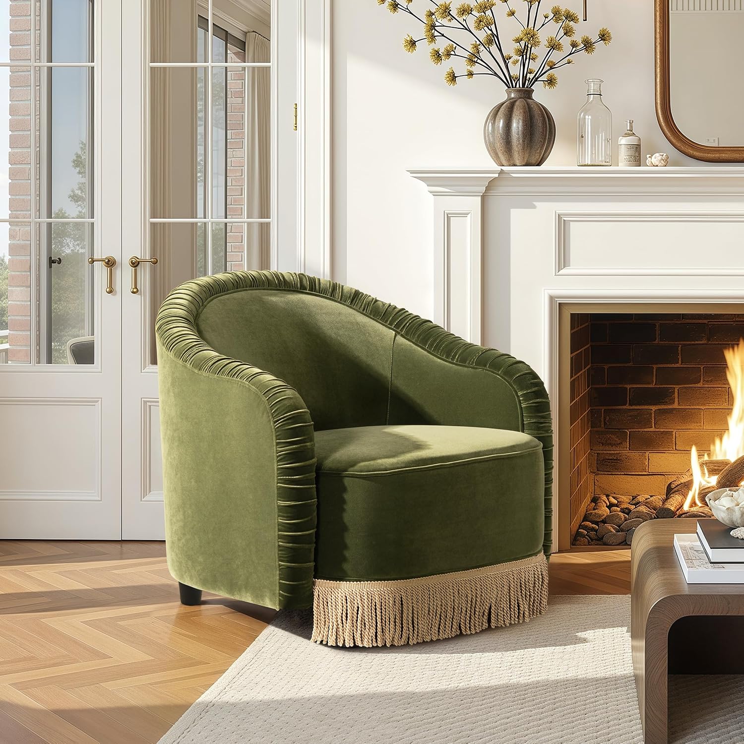 Jennifer Taylor Home Serena 31.5' Ruched Barrel Back Accent Arm Chair with Bullion Fringe, Olive Green Performance Velvet