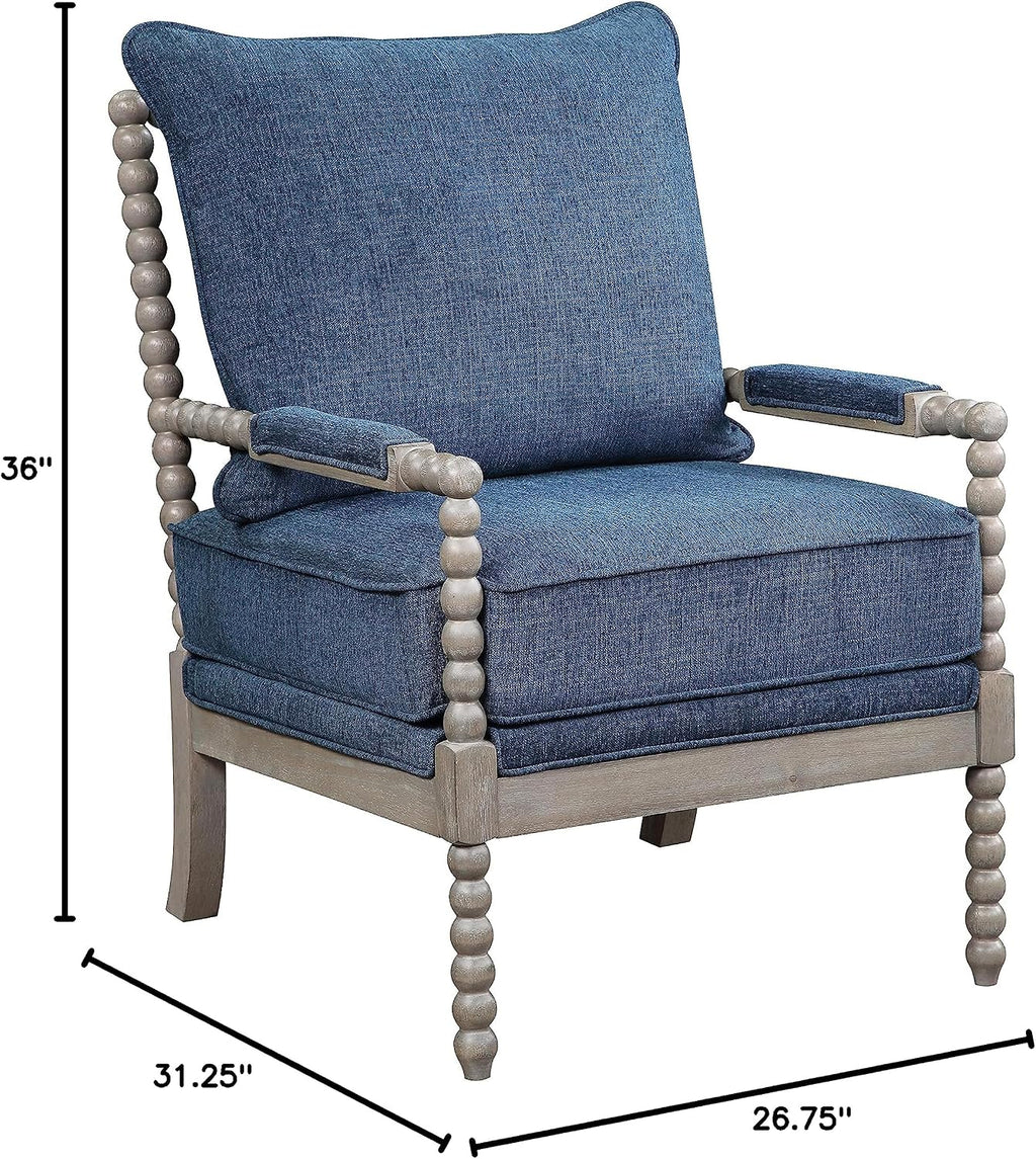 OSP Home Furnishings Abbott Spindle Accent Chair with Padded Spring Seat and Brushed Grey Base, Azure Blue Fabric