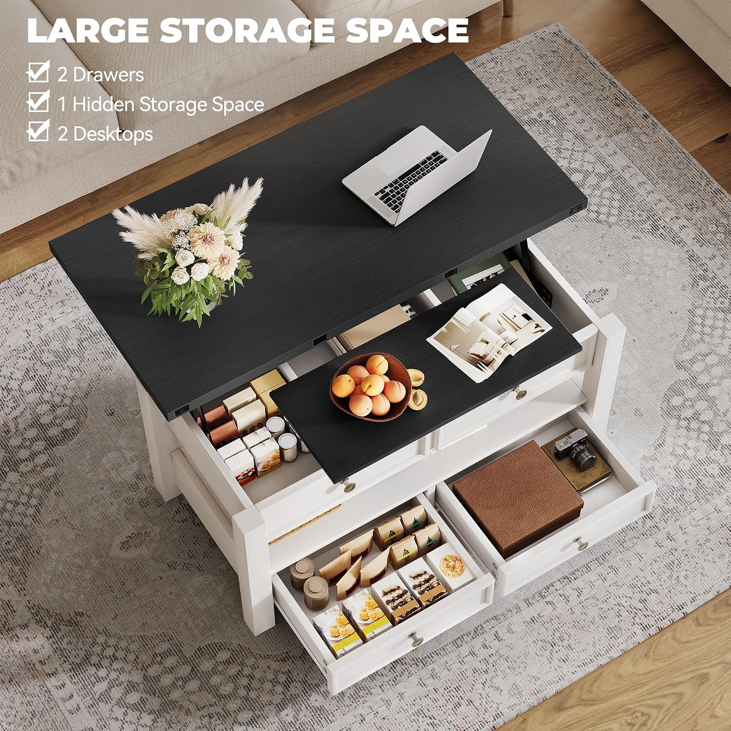 YITAHOME Coffee Table Lift Top, Multi-Function Convertible Coffee Table with Drawers and Hidden Compartment, Converts to Dining Table for Living Room
