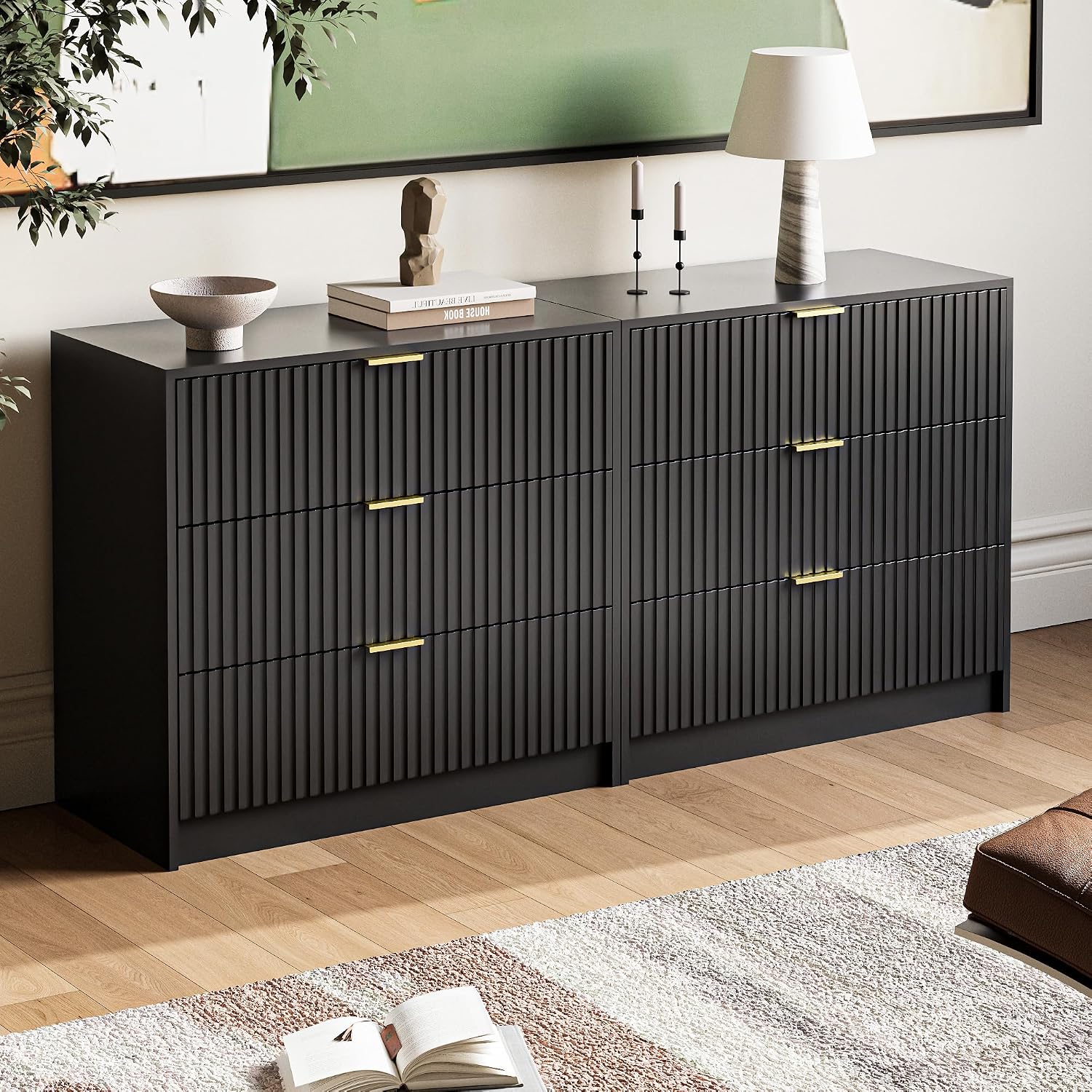 MAISONARIA Black Fluted Dresser for Bedroom, 32 Inch Wide Nightstand with Large Drawer, 3 Drawer End Table for Bedroom, Living Rooms, Offices, and Entryways