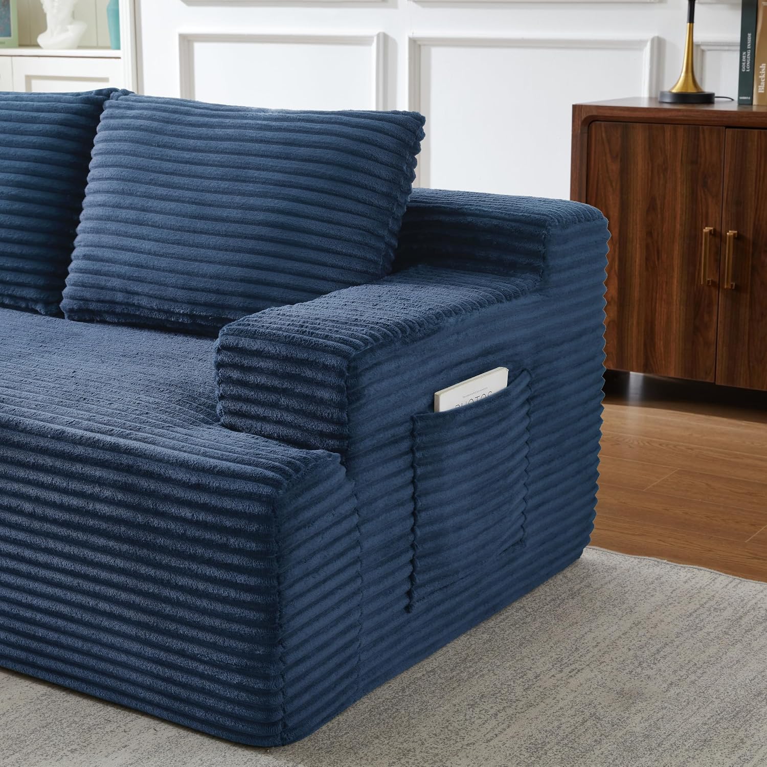 96' Corduroy Sectional Sofa Boneless Couches for Living Room - L Shaped Compressed Cloud Couch with Left Facing Chaise Lounge and Side Pockets
