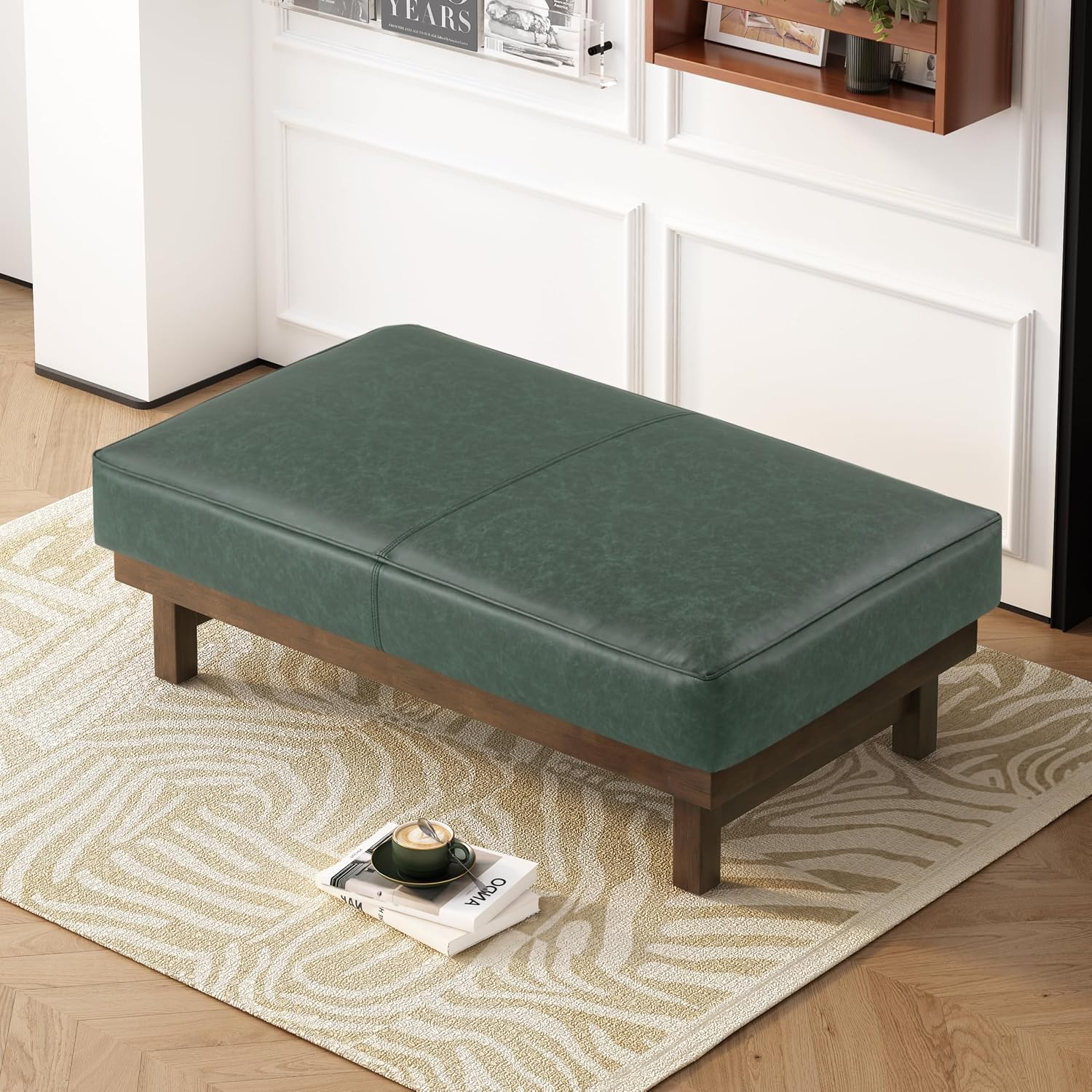 Christopher Knight Home Hillman PU Ottoman with Wood Frame,Rectangular Upholstered Footrest Bench,Non Storage Faux Leather Ottoman Bench for Living Room Bedroom Entryway Home Decor,Green