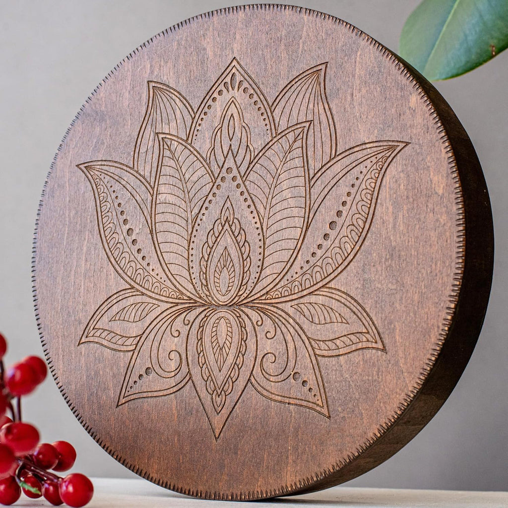 Rain-Fall Disc, 8.6 Inch (22 cm) Wooden Ocean Drum, Gentle Rain Sound for Sound Bath, Meditation & Sound Healing, Elephant & Lotus Design