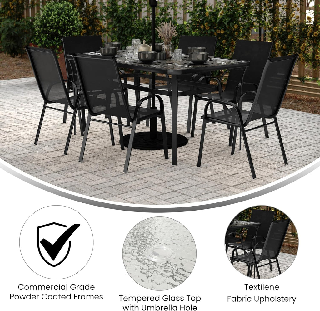 Flash Furniture Brazos Commercial Outdoor Dining Set, 60' Tempered Glass Patio Table with Umbrella Hole, 6 Stack Chairs with Flex Comfort Seats and Backs, Black/Black