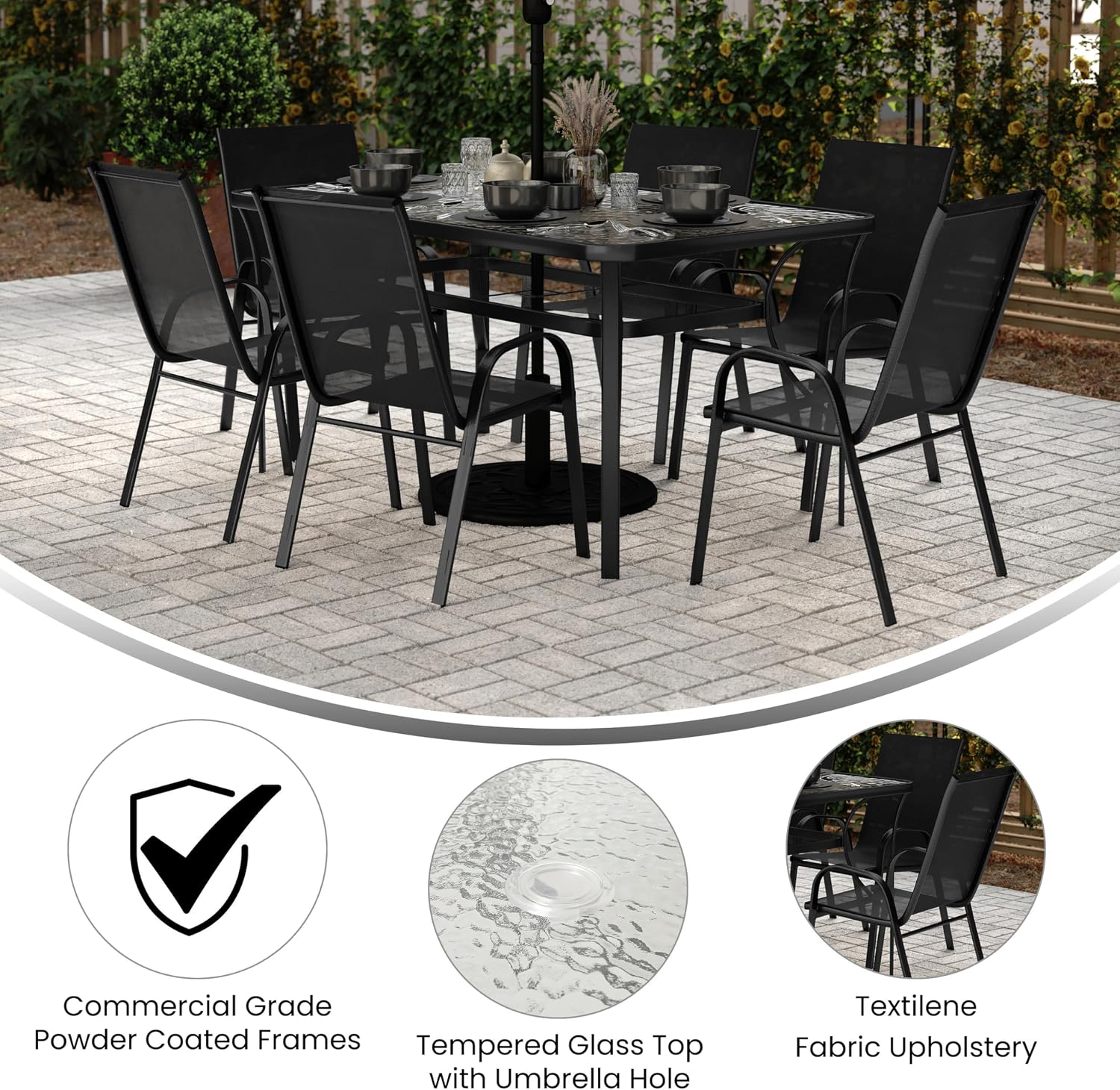 Flash Furniture Brazos Commercial Outdoor Dining Set, 60' Tempered Glass Patio Table with Umbrella Hole, 6 Stack Chairs with Flex Comfort Seats and Backs, Black/Black