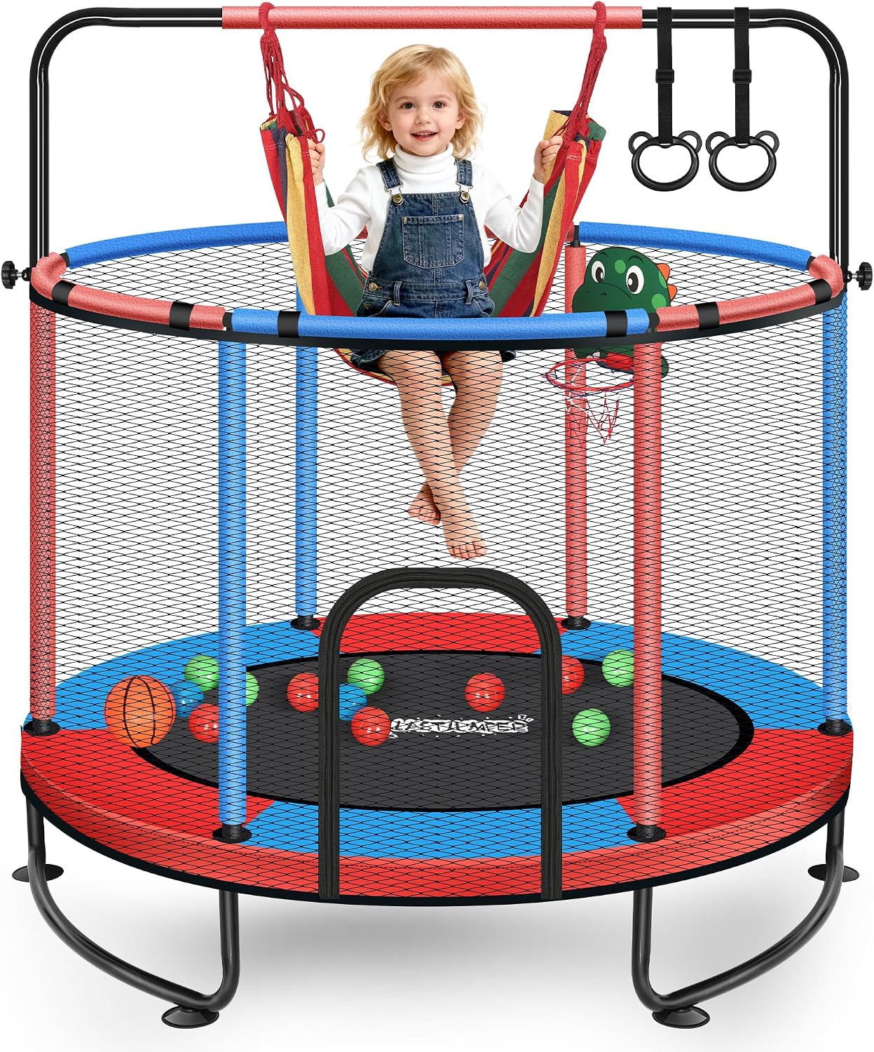 Mini Trampoline for Kids & Toddlers, Ages2-10 | Indoor & Outdoor, with Safety Enclosure Net, Basketball Hoop & Ocean Balls, Birthday Gift for Boy,Girl