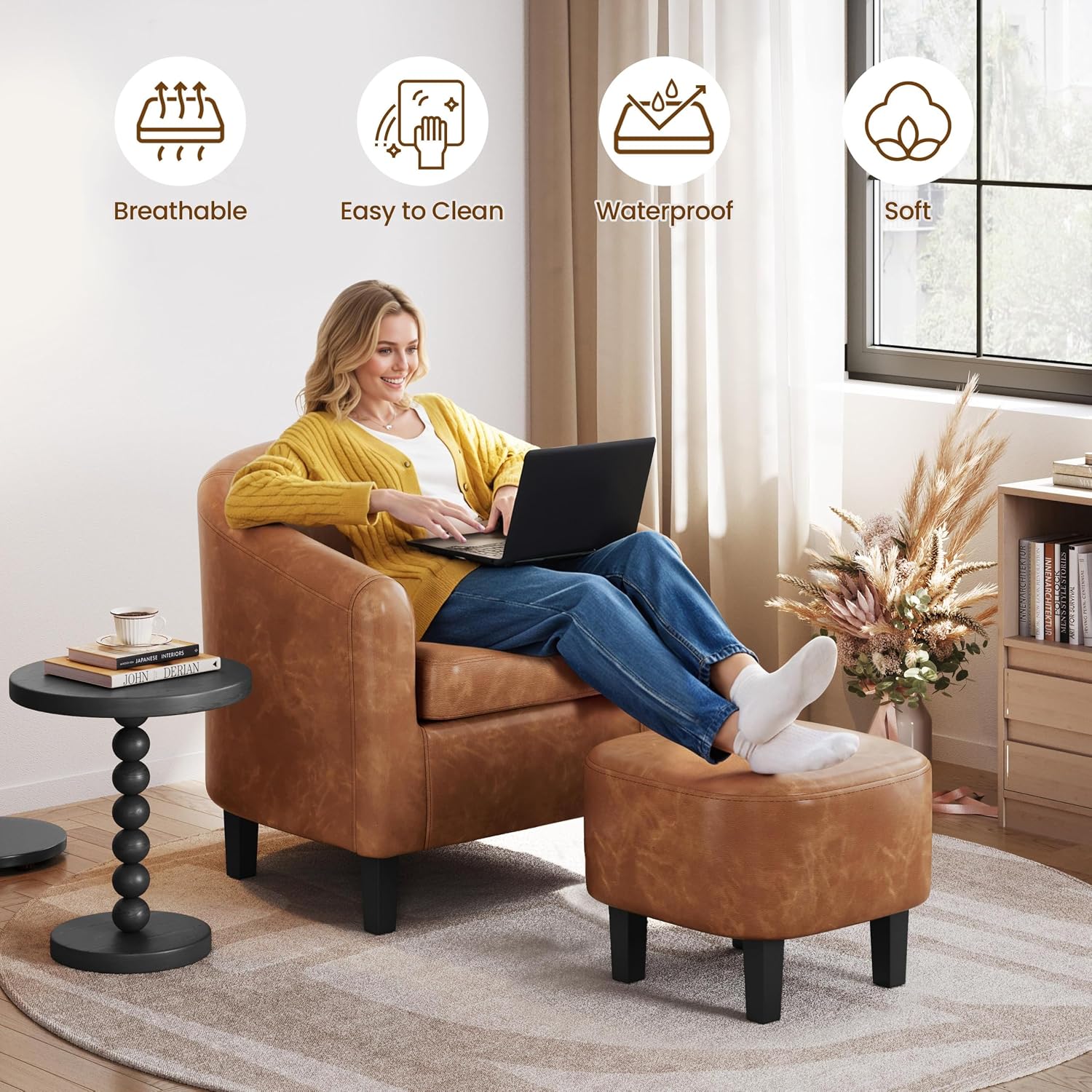Yaheetech Barrel Chair with Ottoman Set, Faux Leather Accent Chair with Soft Padded and Sturdy Legs for Living Room/Bedroom/Study/Waiting Room, Brown