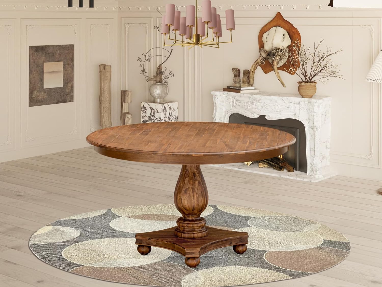F52-0N-TP - Kitchen Table with Acacia Wood Round Tabletop, Antique Walnut Finish