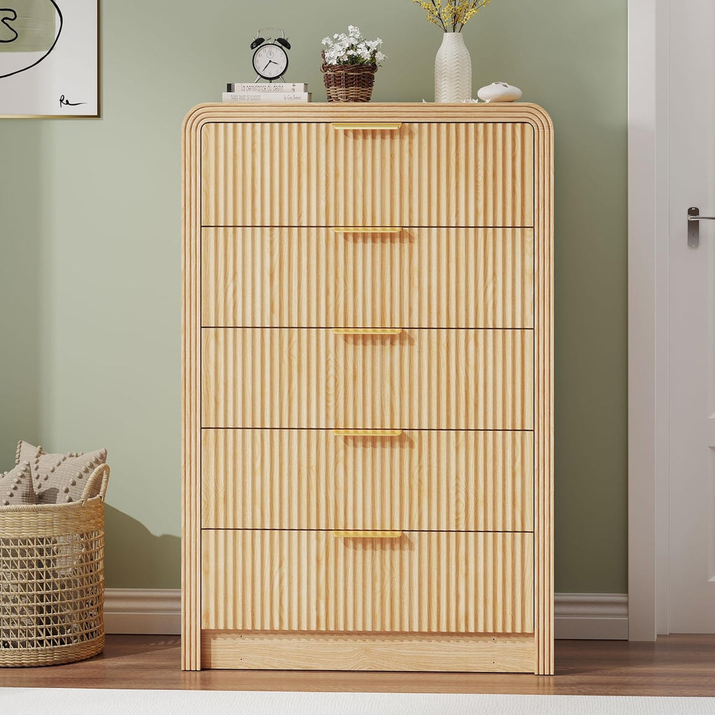 Decofy Fluted 5 Drawers Dresser, 48' Tall Modern Chest of Drawers with Round Edge & Metal Handle, Wood Drawer Organizer for Living Room, Bedroom, Entryway, Hallway (Natural Oak)