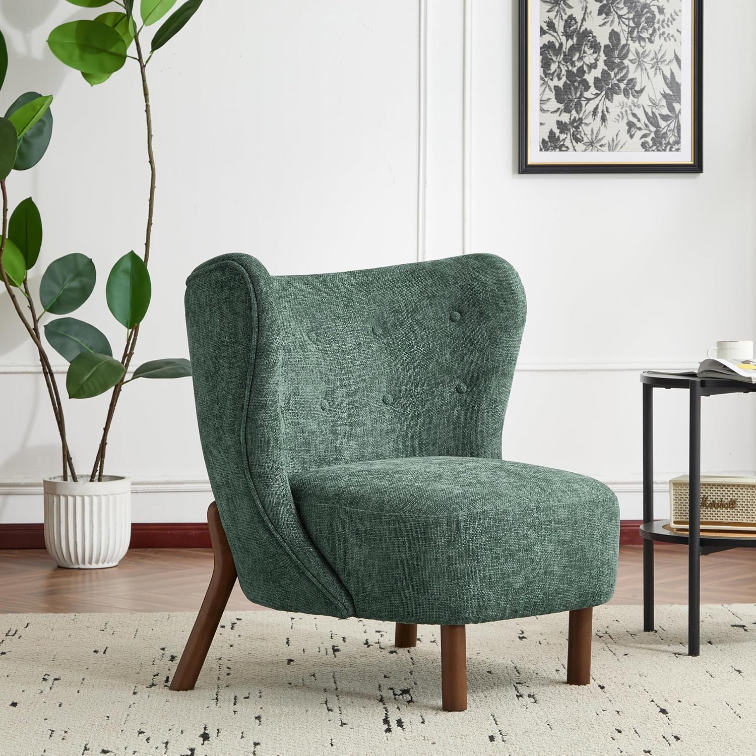 Christopher Knight Home Bella Fabric Upholstered Tufted Wingback Armless Accent Chair, Side Chair with Wooden Legs, Slipper Chair for Living Room, Bedroom, Entryway, Green+Brown