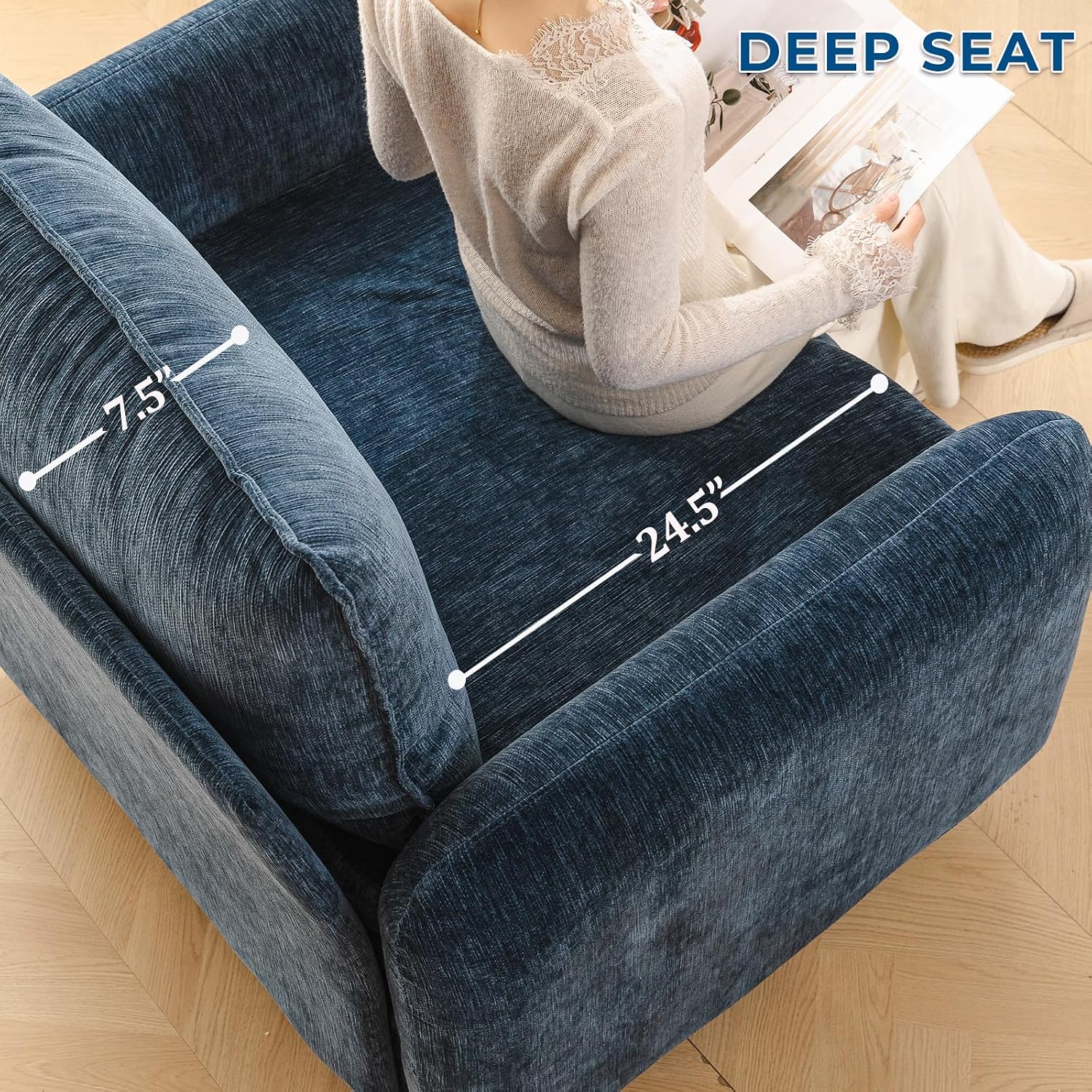 Rexulqo Oversized Accent Chair with Seats Storage,Comfy Living Room Chairs with 2 Throw Pillow,Upholstered Mid-Century Armchair,24.5'' Deep Seat,Big Reading Chair for Bedroom,Office,Chenille,Blue