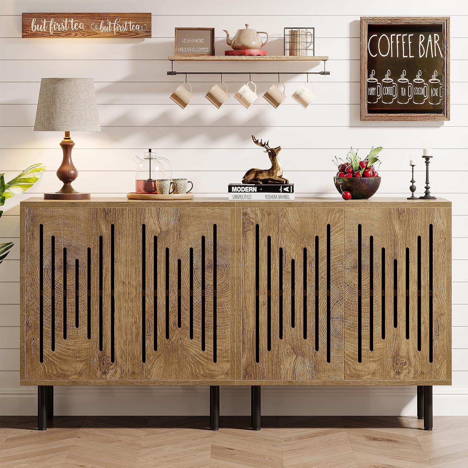 Tribesigns Set of 2 Sideboard Buffet with Storage, 59' Buffet Sideboard Cabinet with Adjustable Shelves, Accent Storage Cabinet for Living Room, Natural