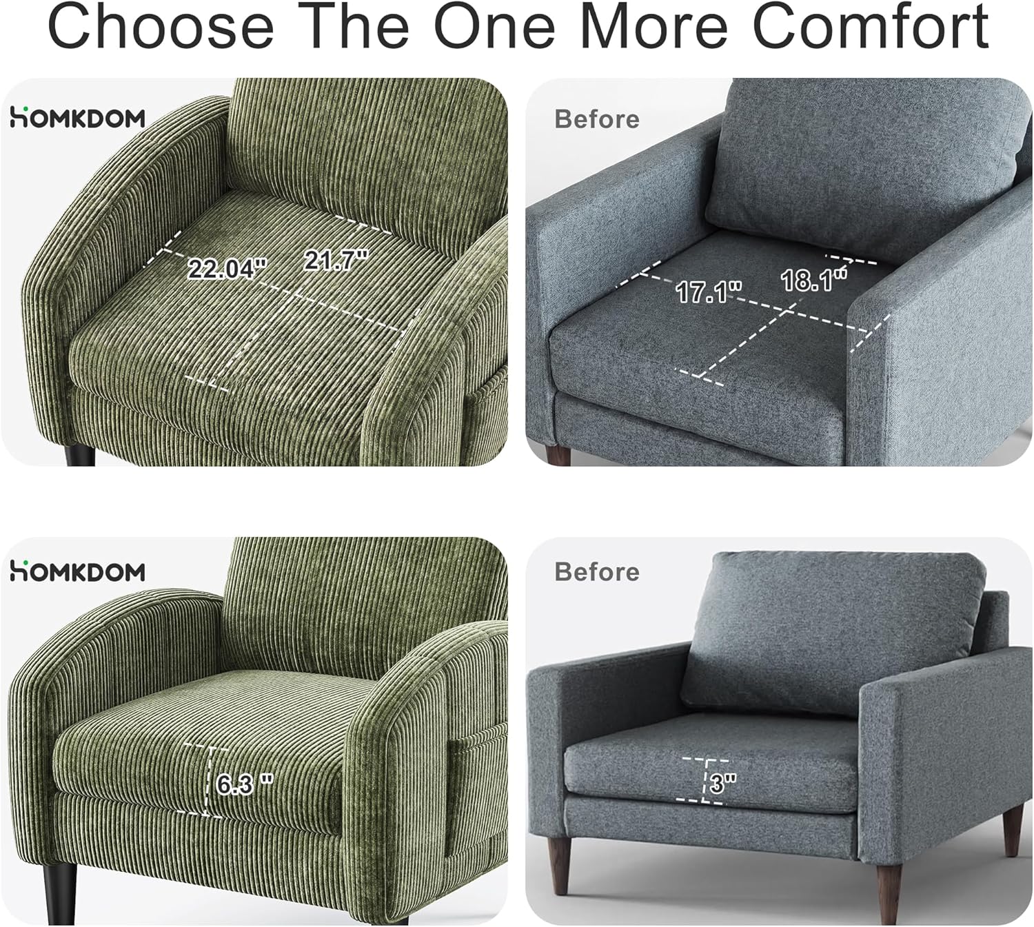 Homkdom Accent Chair for Living Room Chairs Green Reading Chair for Bedroom Mid Century Modern Arm Chair Upholstered Comfy Chair for Apartment, Waiting Room