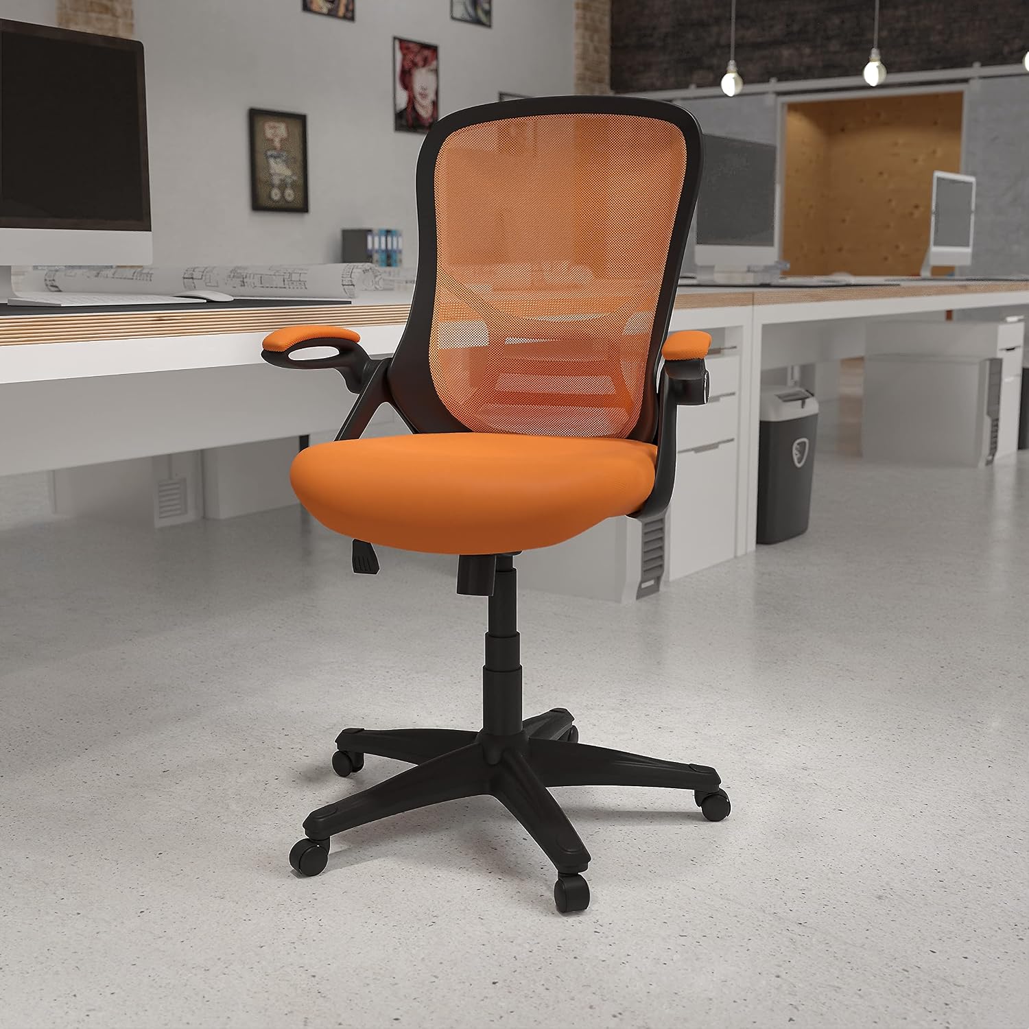 Flash Furniture Porter Mesh High Back Ergonomic Swivel Office Chair with Lumbar Support, Flip-Up Arms, Tilt Lock/Tilt Tension, Height Adjustable, Black/Black Frame