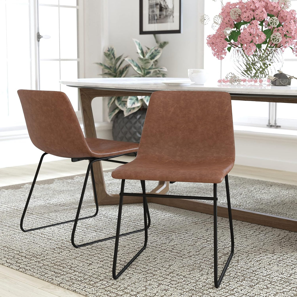 Flash Furniture Butler 18' LeatherSoft Dining Table Height Chairs, Mid-Century Modern Bucket Style Dining Chairs, Set of 2, Light Brown/Black