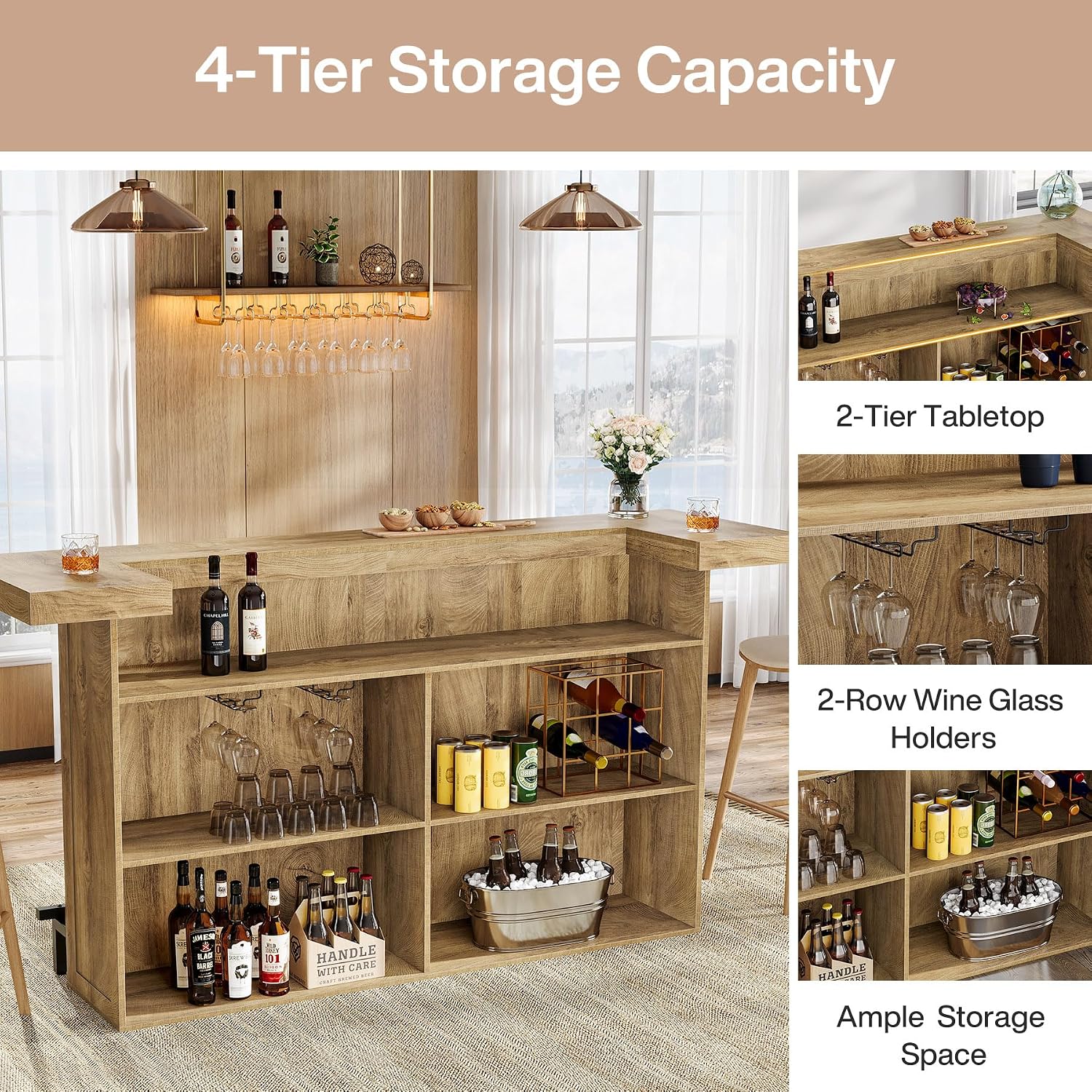 Tribesigns 4-Tier Bar Table, 70.9-Inch Large Wooden Home Bar Unit with Wine Glass Holder and Black Footrest, Pub Table with Storage Shelves for Basement, Dining Room, Living Room, Light Brown