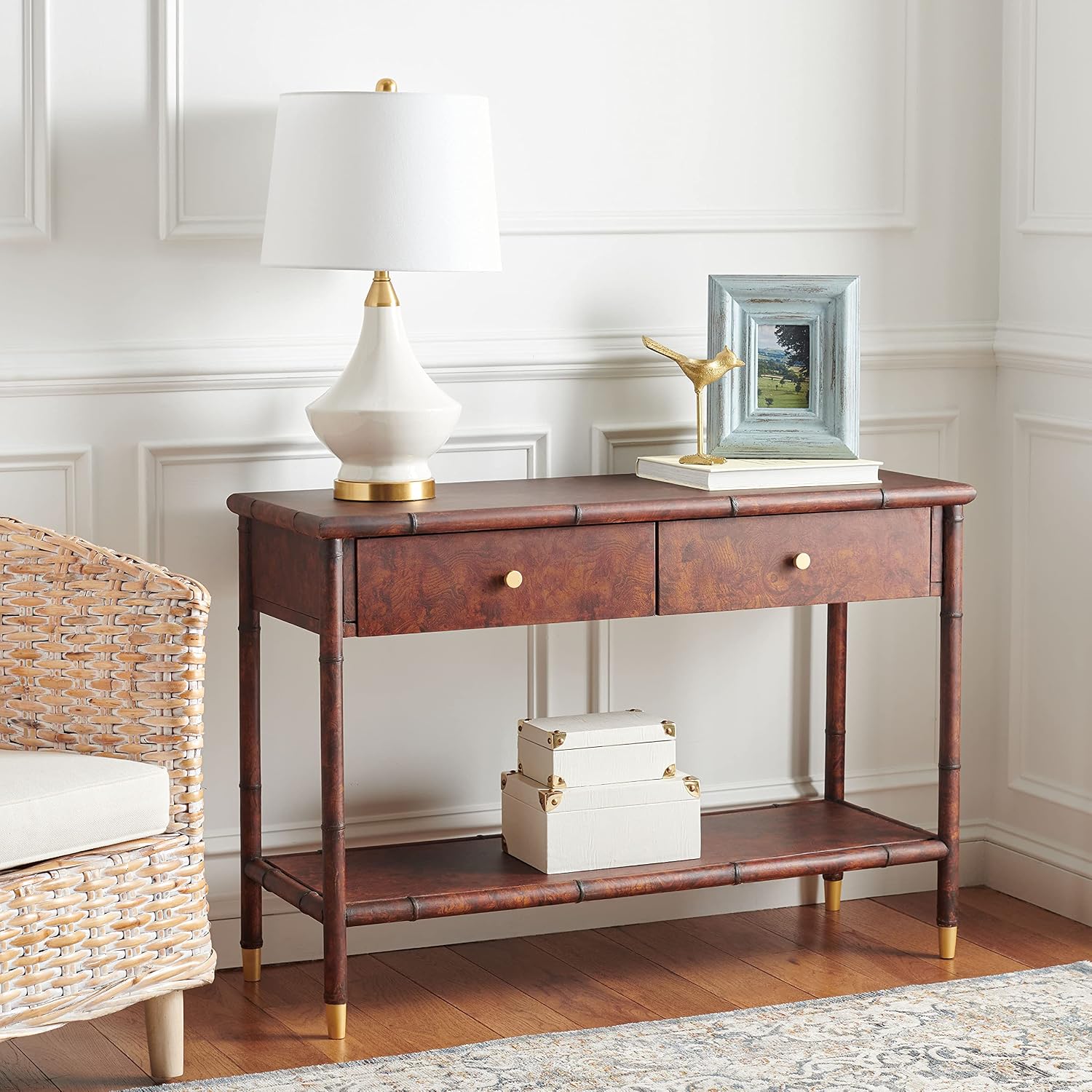 SAFAVIEH Home Collection Tudor Dark Brown/Gold 2-Drawer Lower Shelf Console Table (Fully Assembled)