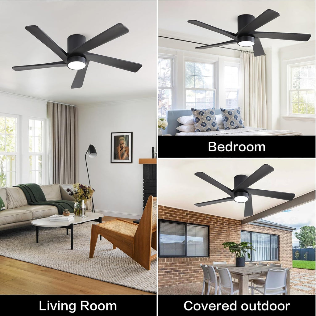 WINGBO 48 Inch Flush Mount DC Ceiling Fan with Lights and Remote, 5 Reversible Carved Wood Blades, 6-Speed Noiseless DC Motor, Hugger Ceiling Fan in Black Finish, Low Profile Ceiling Fans, ETL Listed