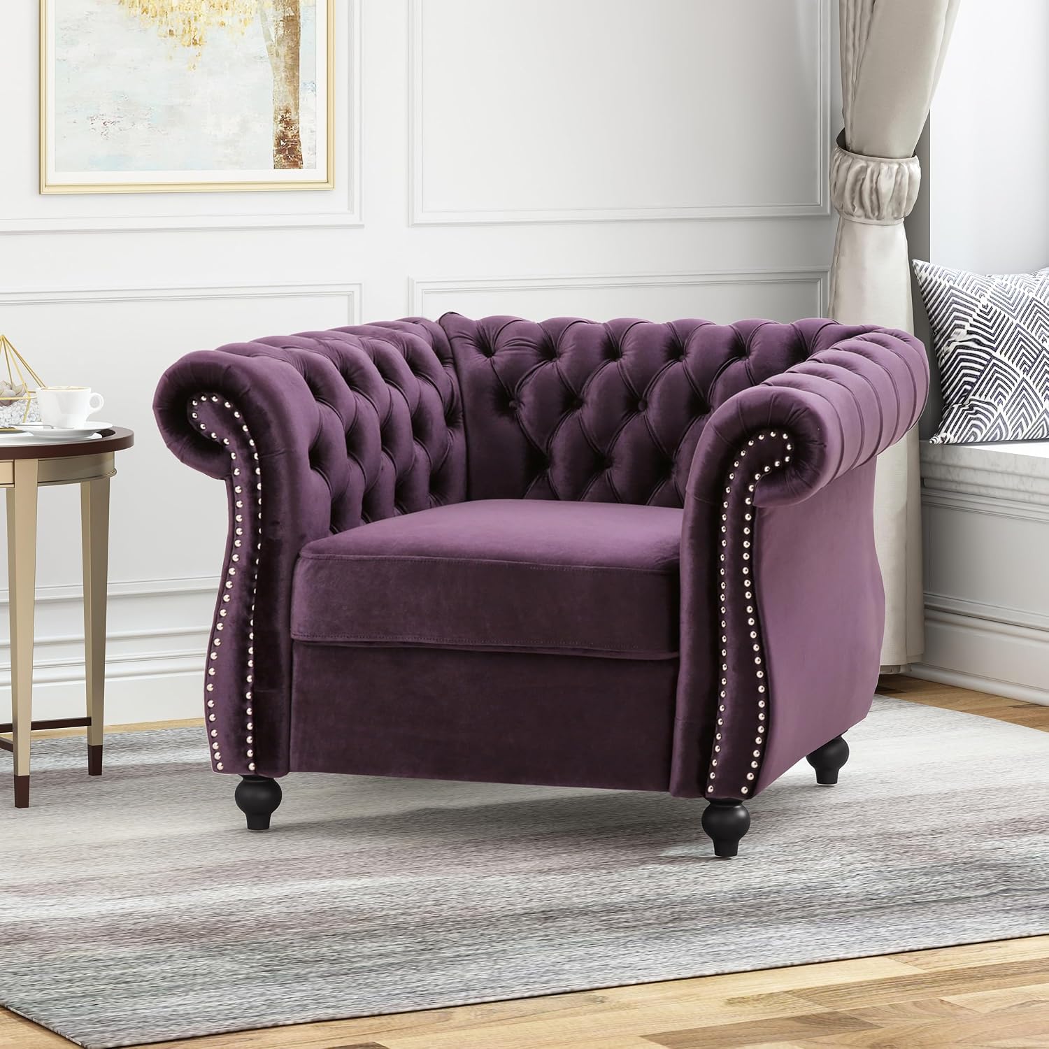 Great Deal Furniture Leila Chesterfield Velvet Club Chair, BlackBerry