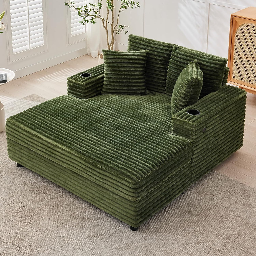 GarveeHome 60-inchOversized Chaise Lounge Chair Indoor, Comfy Corduroy Lounge Sofa with Charging Station, Cup Holders & Throw Pillows, Cozy Sleeper Couch for Living Room Apartments, Green