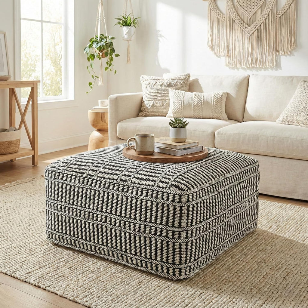 SIMPLIHOME Safford Square Pouf - 20 inch Wide Upholstered PET Polyester Ottoman in Cream White and Deep Black, Boho Indoor/Outdoor Footstool or Extra Seating for Living Room or Patio, Assembled