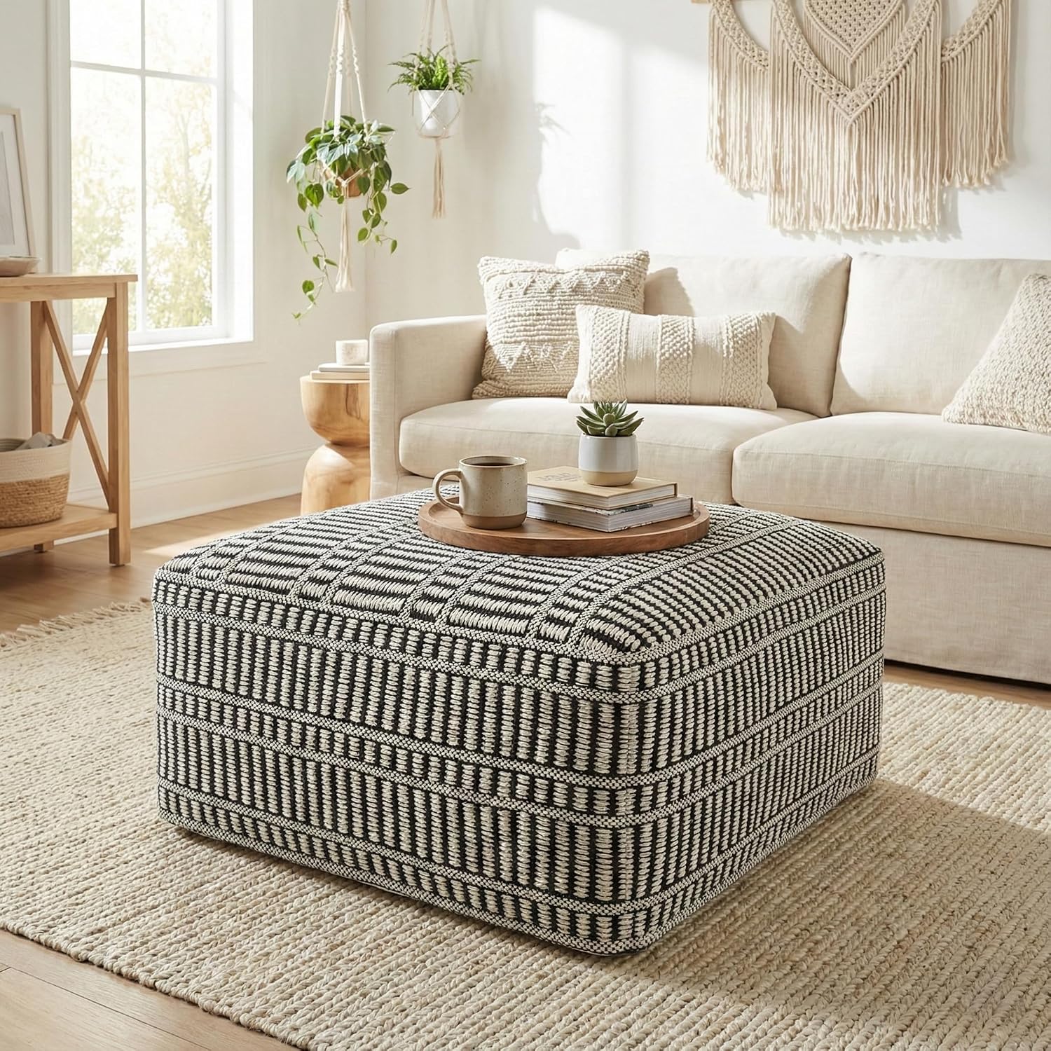 SIMPLIHOME Safford Square Pouf - 20 inch Wide Upholstered PET Polyester Ottoman in Cream White and Deep Black, Boho Indoor/Outdoor Footstool or Extra Seating for Living Room or Patio, Assembled