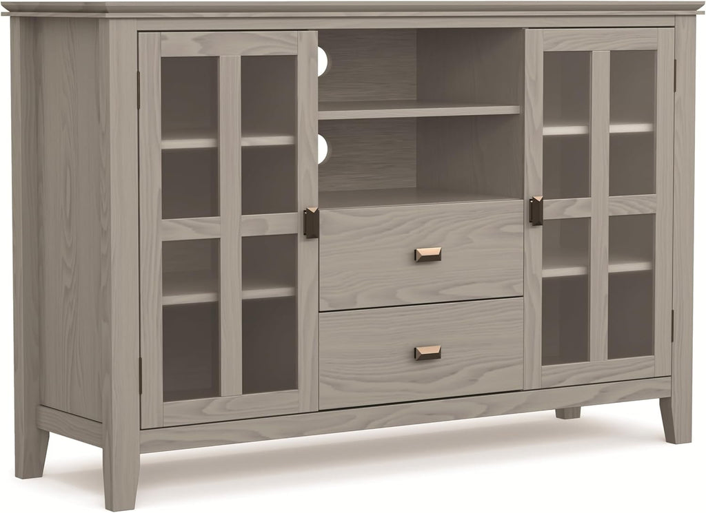 SIMPLIHOME Artisan TV Stand - 53 inch Wide Solid Wood Tall Media Console in Fog Grey, Contemporary Entertainment Center for Living Room for TVs up to 60 Inches with Drawers and Cable Management