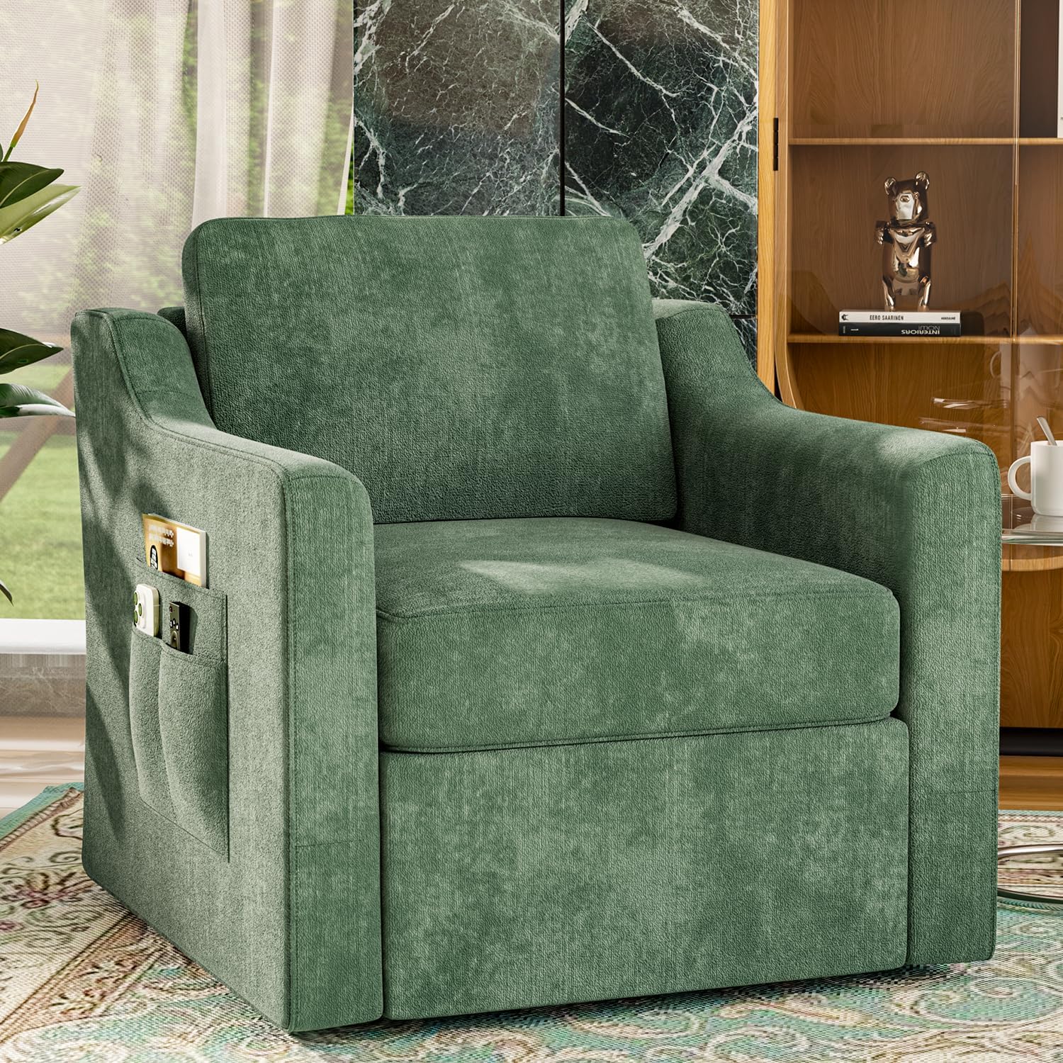 360° Swivel Accent Chair, Large Comfy Reading Chair, Square Single-Seat Armchair Upholstered Sofa with Fabric Material for Reading, Nursery, Living Room, Bedroom, Lounge, Hotel, Green