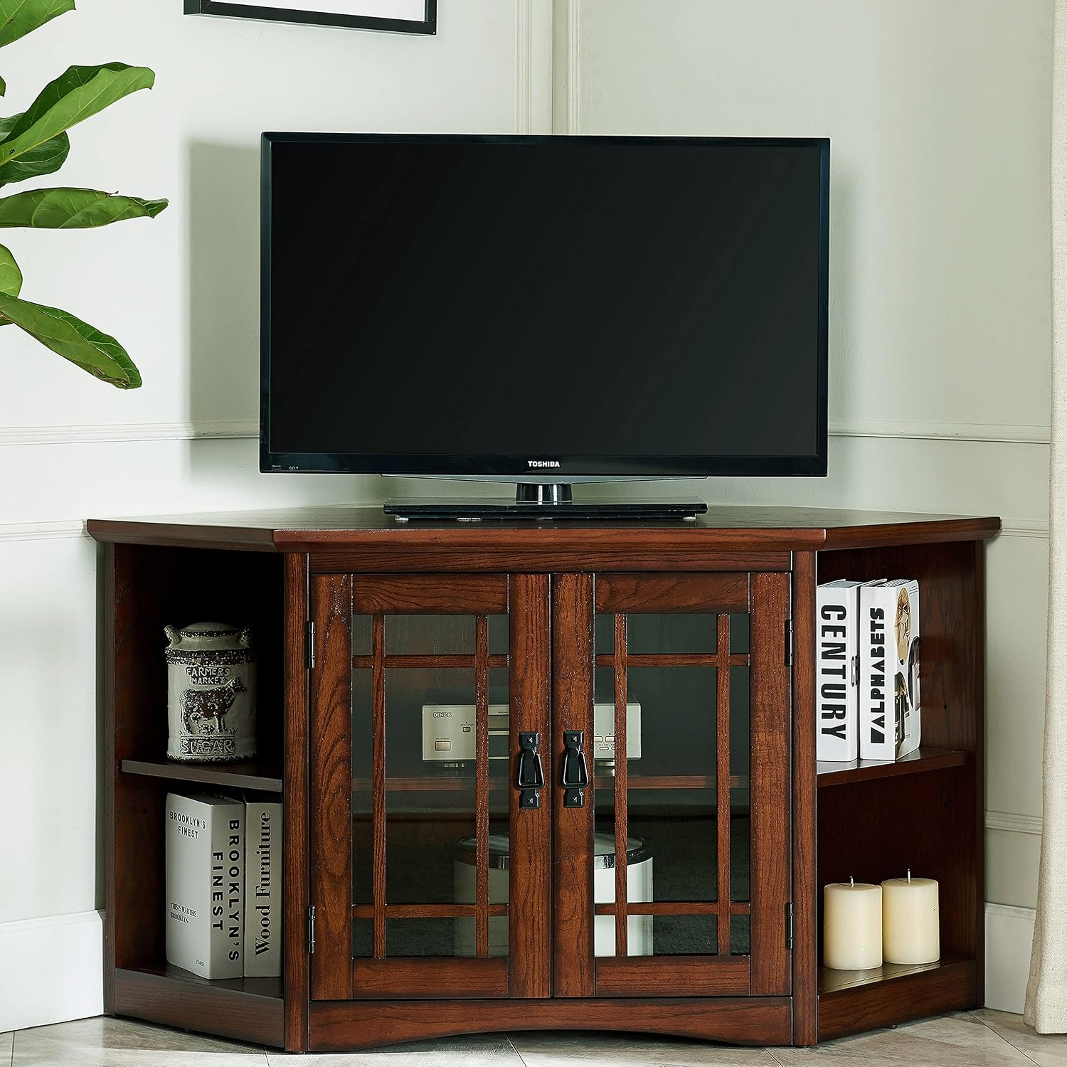 Leick Home 82287 Solid Wood Mission Oak Two Door Corner TV Stand For 50' TVs Living Room Storage Shelves Entertainment Center, Mission Oak TV Console