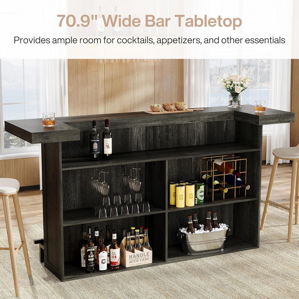 Tribesigns 4-Tier Bar Table, 70.9-Inch Large Wooden Home Bar Unit with Storage Shelves, Pub Table with Wine Glass Holder and Black Footrest for Basement, Dining Room, Living Room, Grey (Grey)