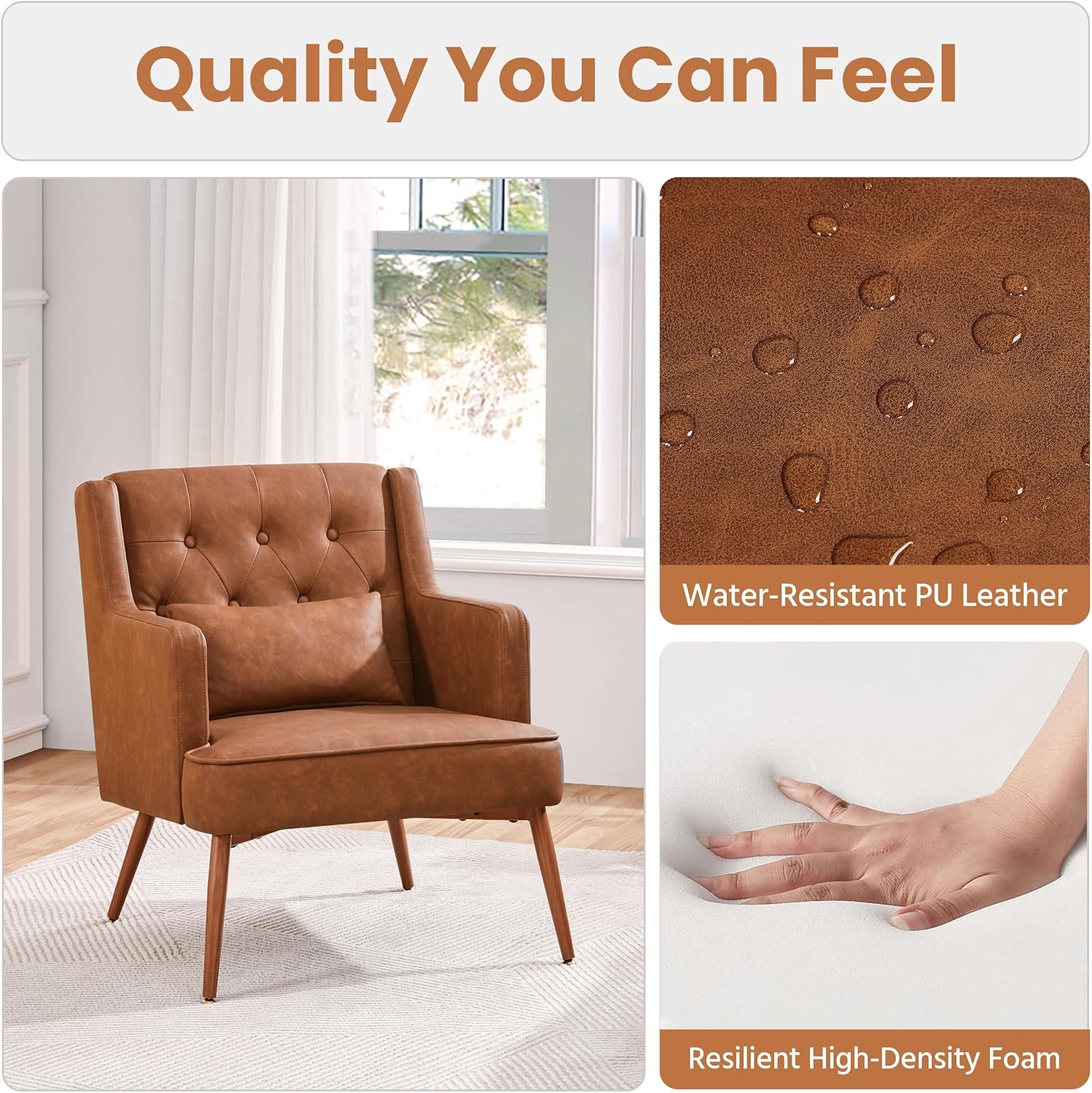 Yaheetech Accent Chair, Living Room Chair Mid Century PU Leather Armchair Lumbar Pillow, Comfy Upholstered Reading Chair Wood Leg Bedroom Lounge Brown