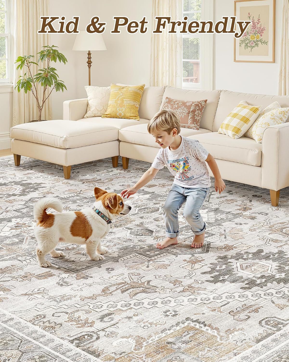 10x12 Vintage Area Rug: Washable Neutral Soft Non Slip Thin Large Floor Carpet for Living Room Bedroom Kitchen Dining Room Home Office Farmhouse Indoor - Taupe